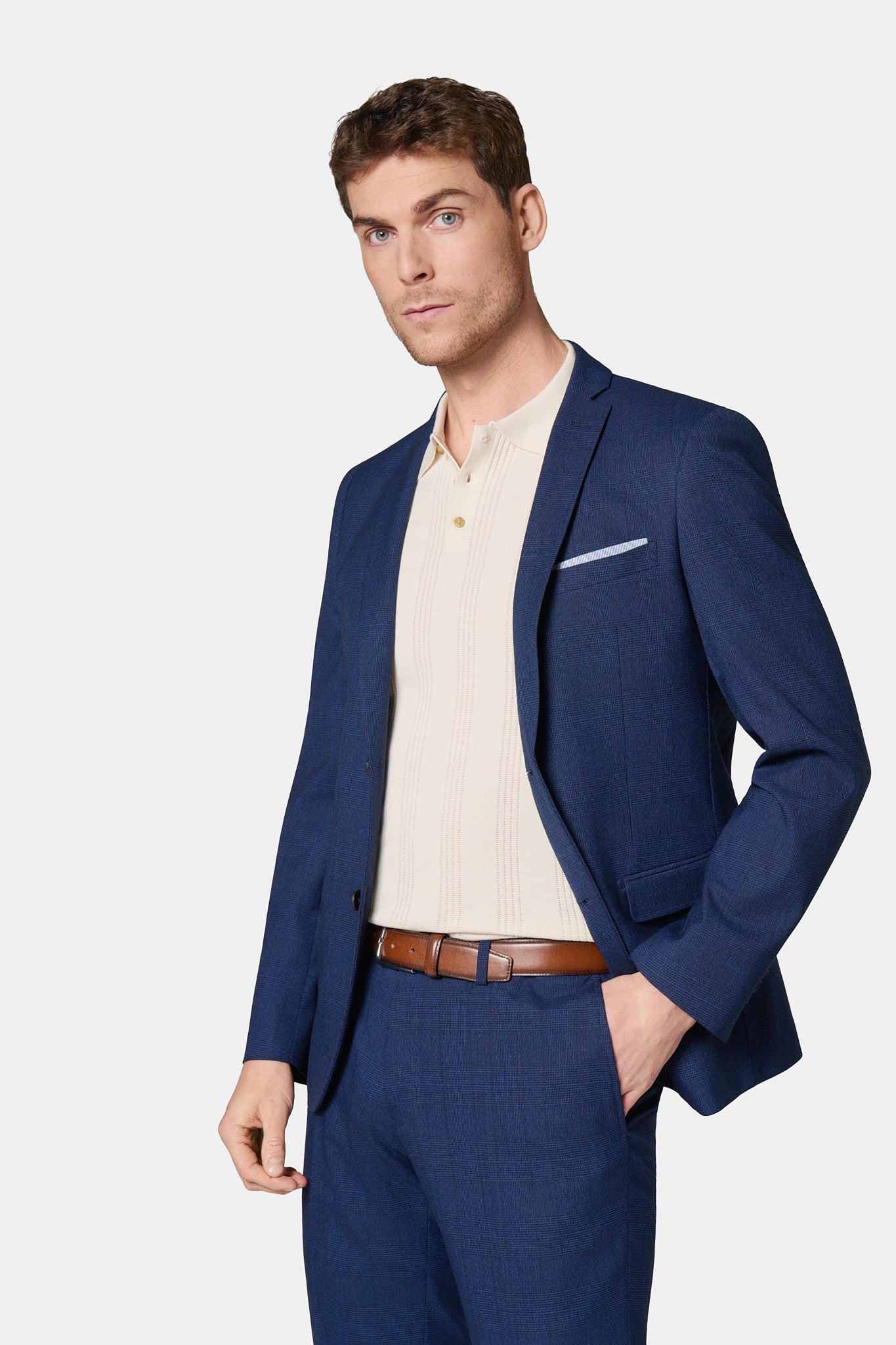 Veste de costume en Prince de Galles stretch Jerem, col cranté à boutonnière et pin's, col cranté, entièrement doublée