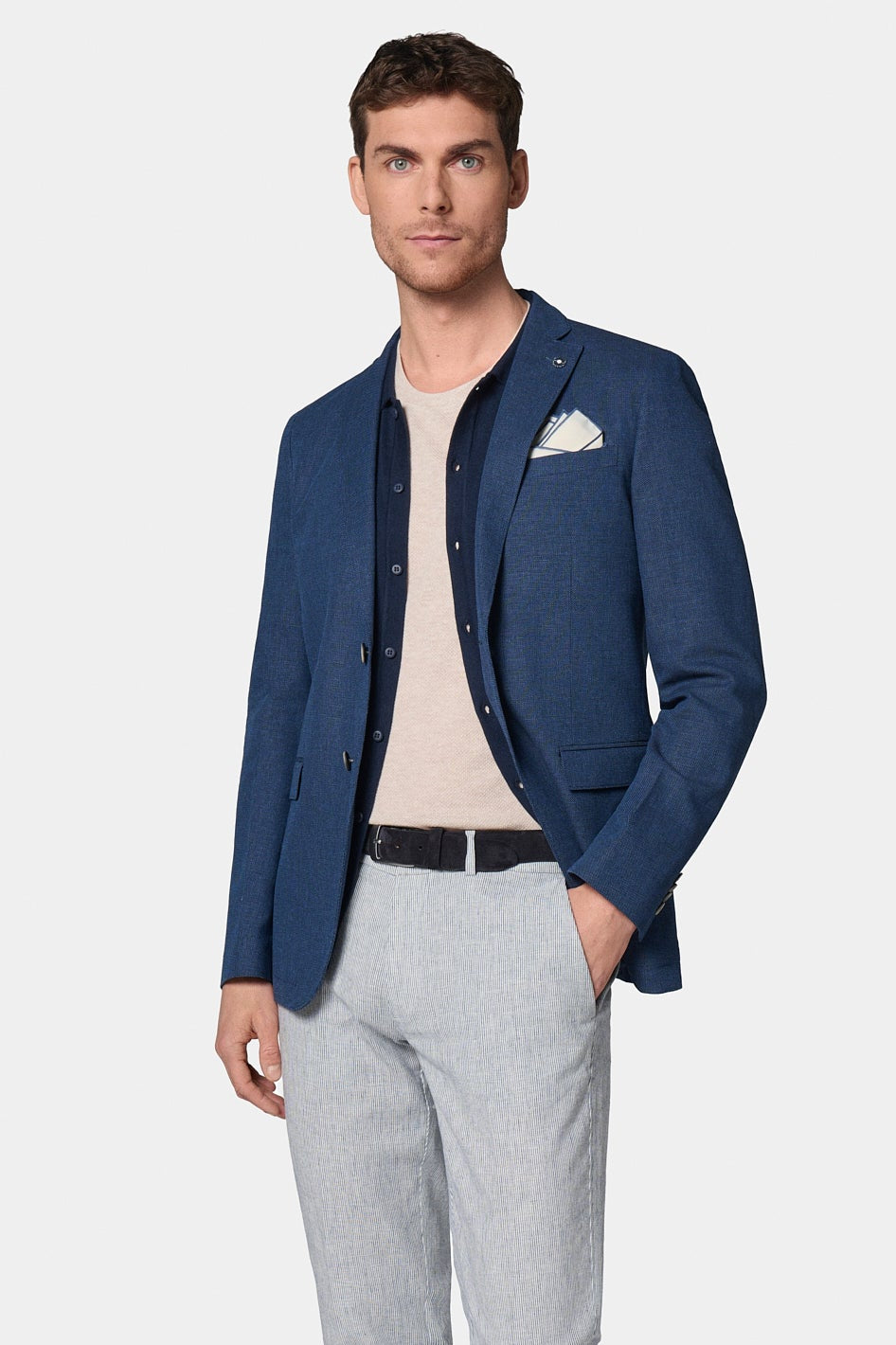 Veste décontractée en coton-lin sergé faux-uni lin-coton Jerem, col cranté à pin's, col cranté, intérieur semi-doublé
