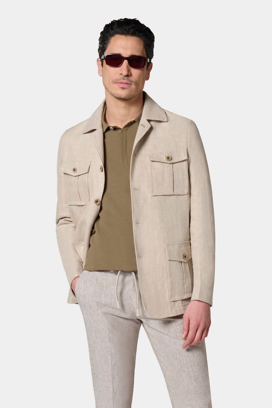 Veste saharienne en coton-lin Jerem, col chemise, intérieur semi-doublé, simple boutonnage