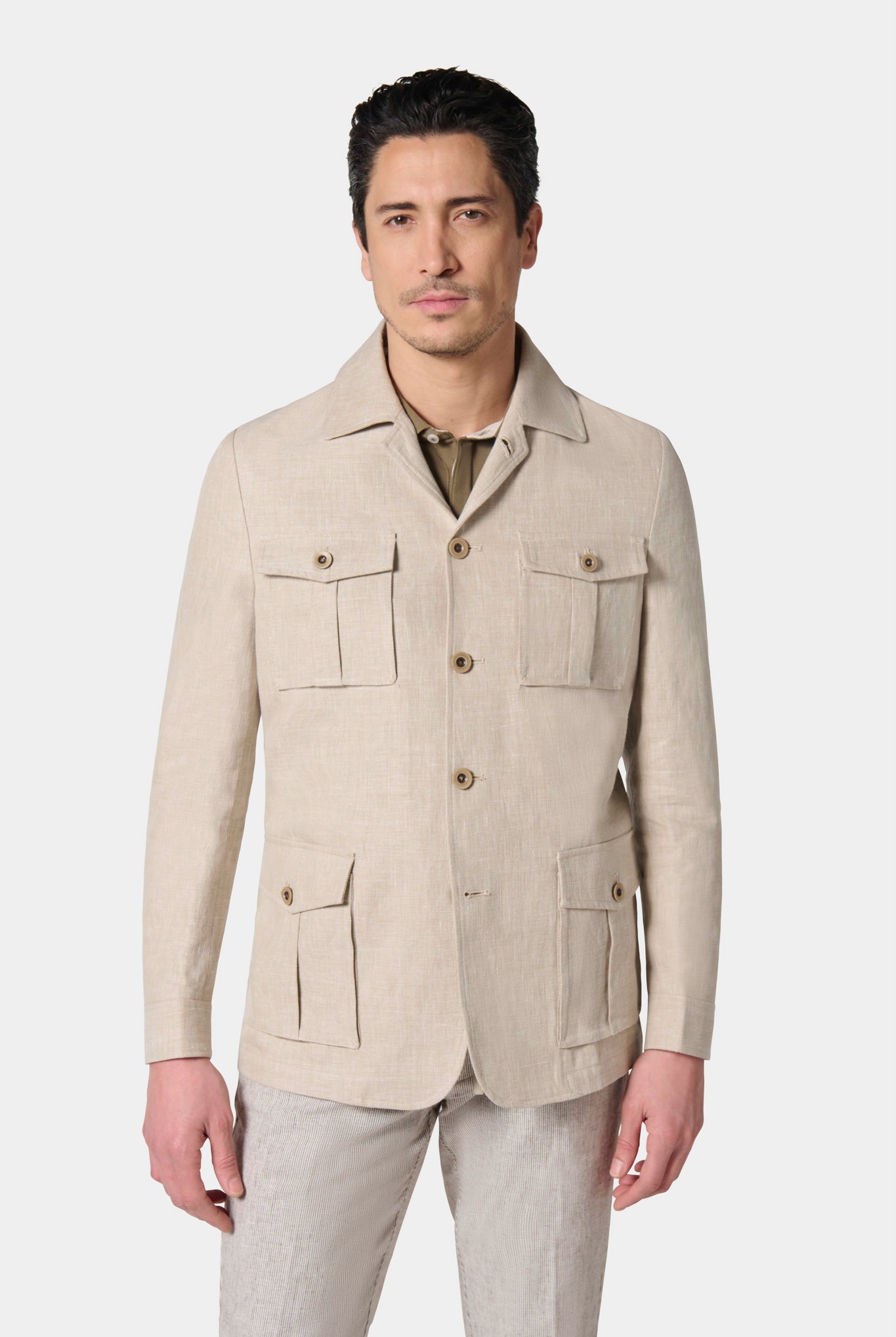 Veste saharienne, coton-lin Jerem, intérieur semi-doublé, simple boutonnage