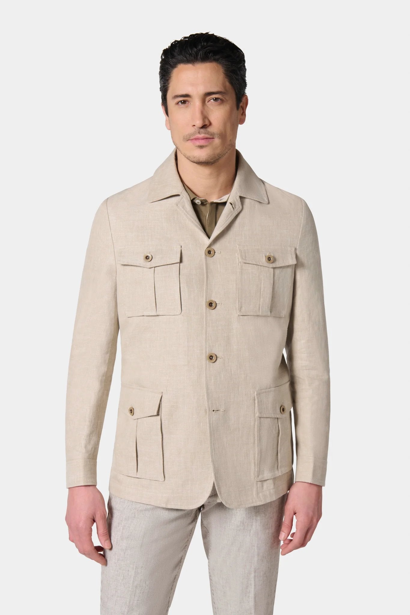 Veste saharienne, coton-lin Jerem, intérieur semi-doublé, simple boutonnage