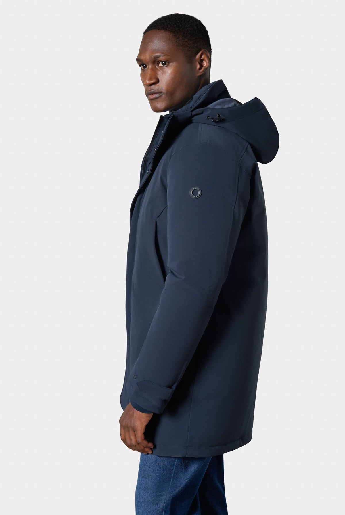 Parka à capuche homme bleu marine Jerem — vue de profil, capuche relevée