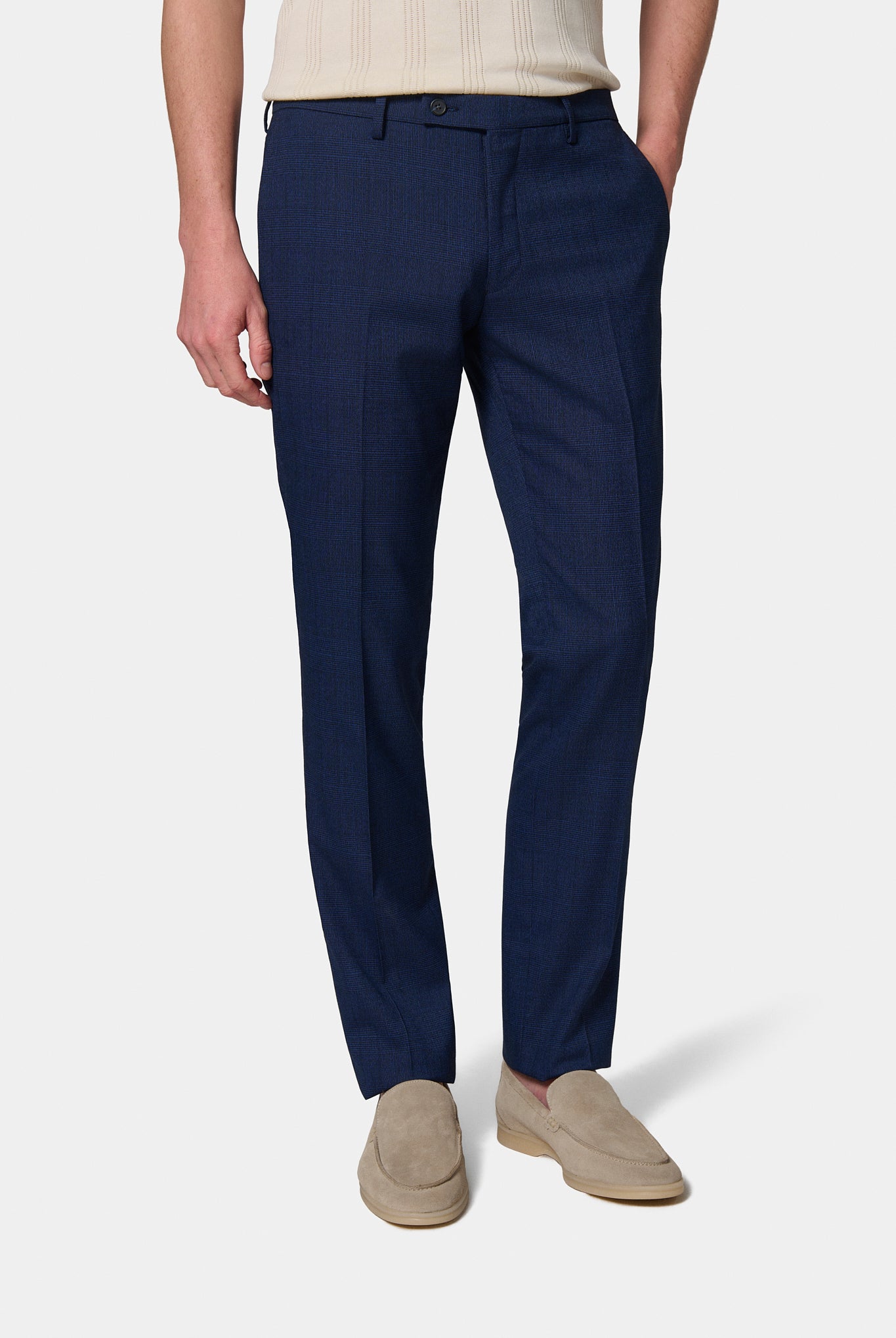 Pantalon de costume en Prince de Galles stretch Jerem, intérieur semi-doublé, ceinture sartoriale stretch, ceinture sartoriale