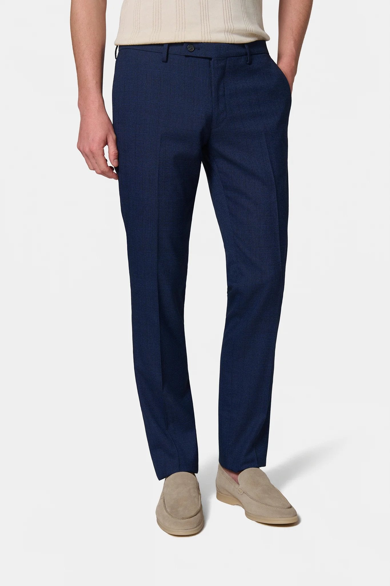 Pantalon de costume en Prince de Galles stretch Jerem, intérieur semi-doublé, ceinture sartoriale stretch, ceinture sartoriale