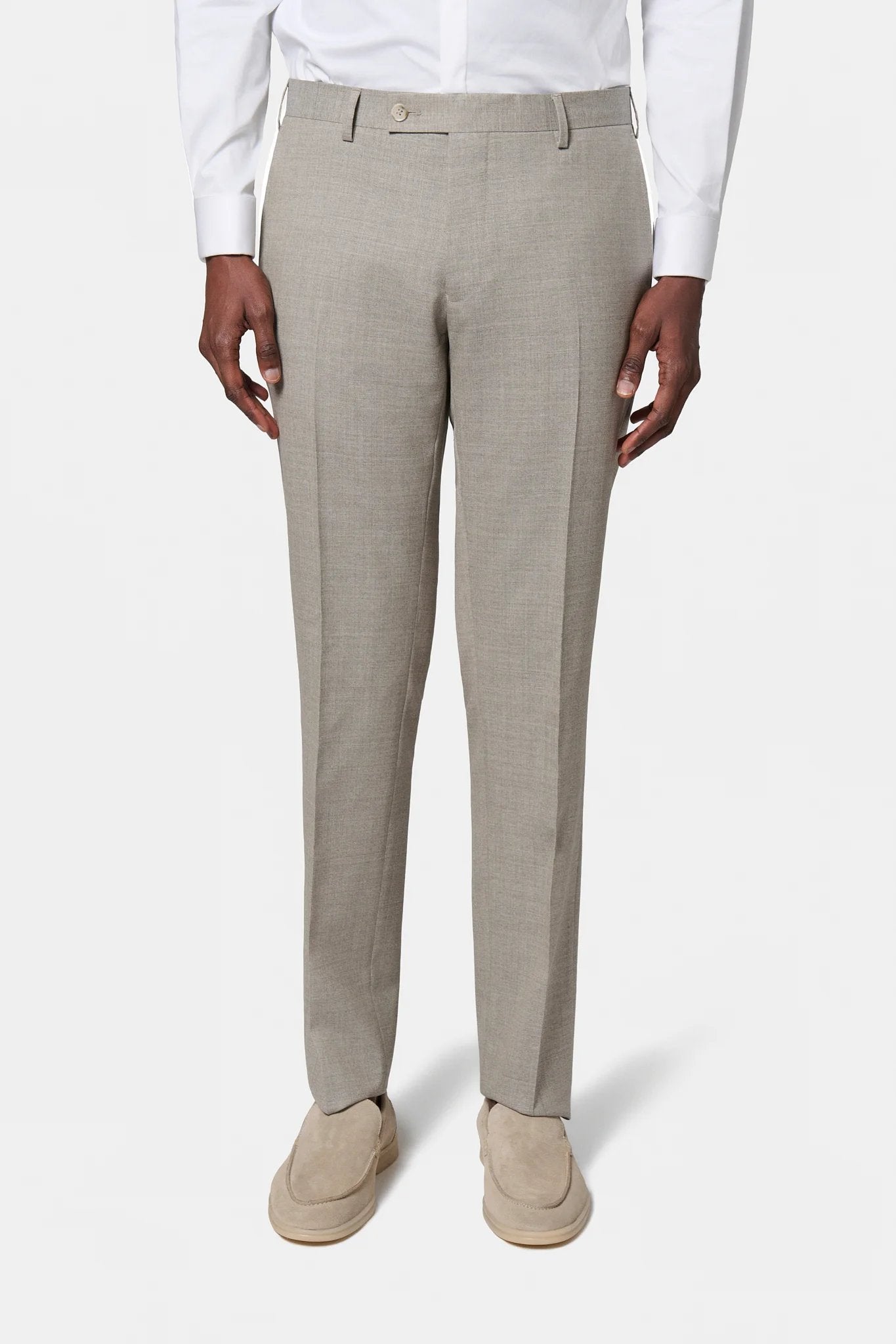 Pantalon de costume en laine vierge Barberis Super 110's Jerem, intérieur semi-doublé, ceinture sartoriale, poches italiennes, coloris écru