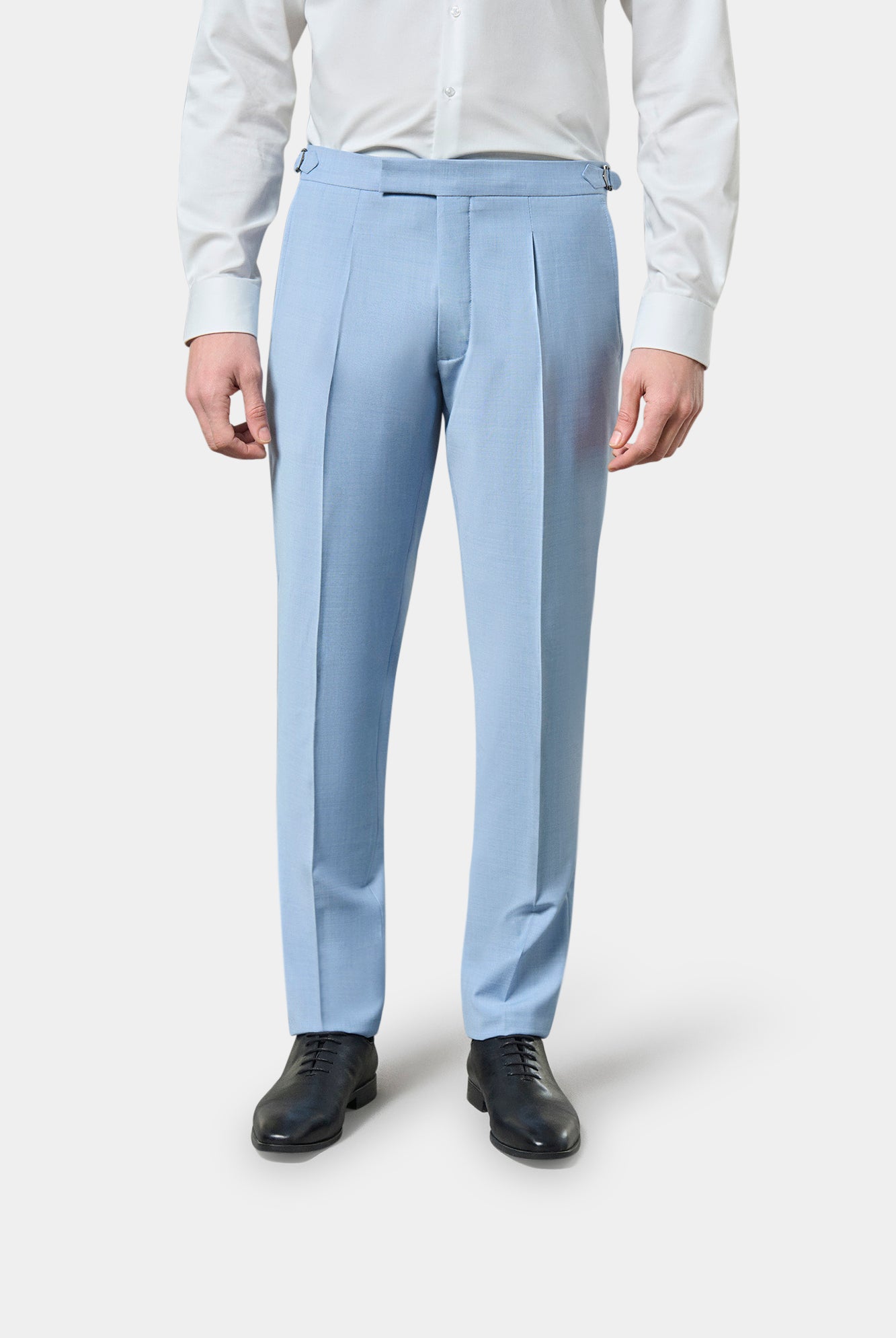 Pantalon de costume pince et taille ajustable en laine chinée bi-stretch Jerem, intérieur semi-doublé, ceinture sartoriale stretch, ceinture sartoriale