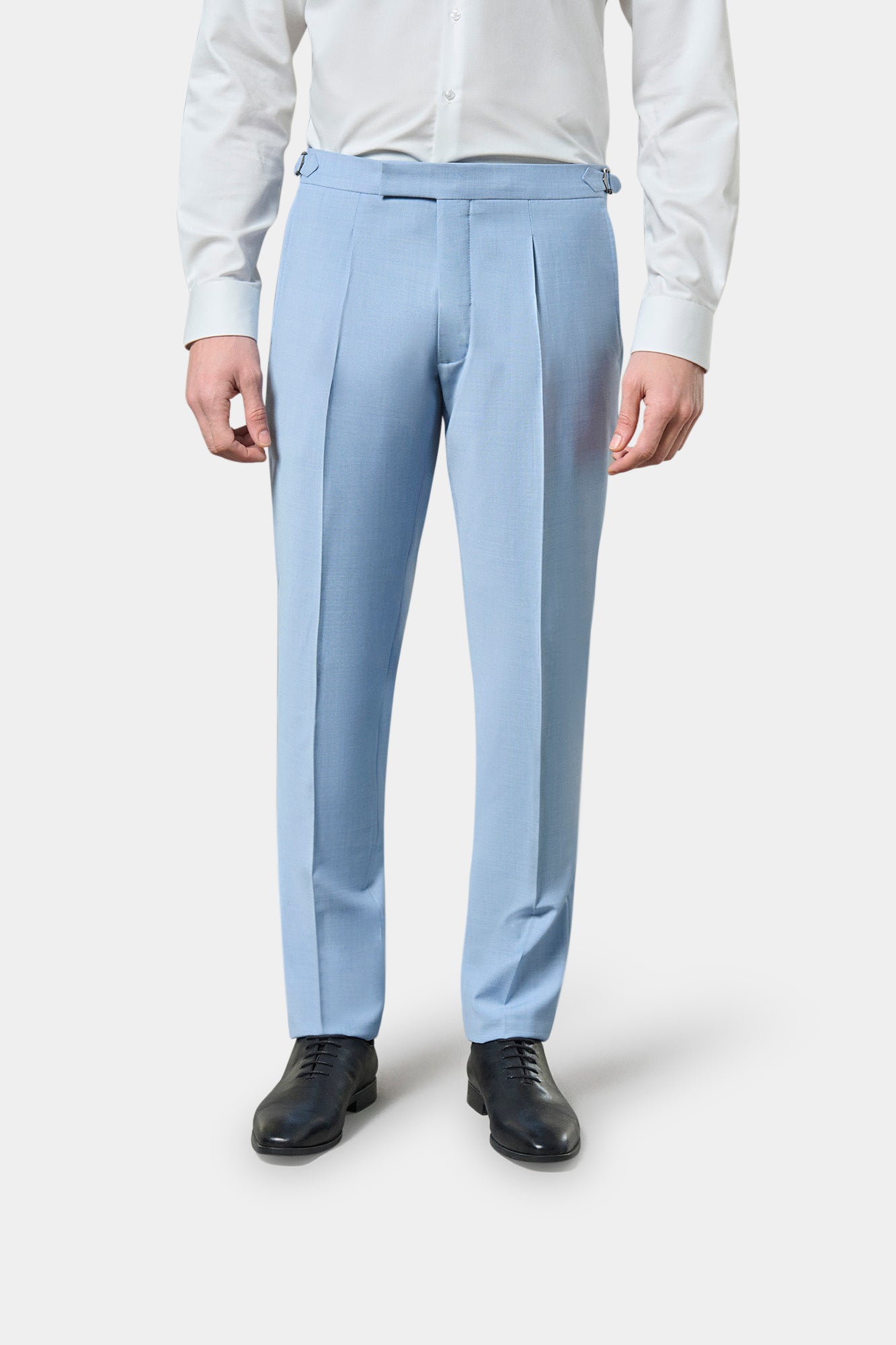 Pantalon de costume pince et taille ajustable en laine chinée bi-stretch Jerem, intérieur semi-doublé, ceinture sartoriale stretch, ceinture sartoriale