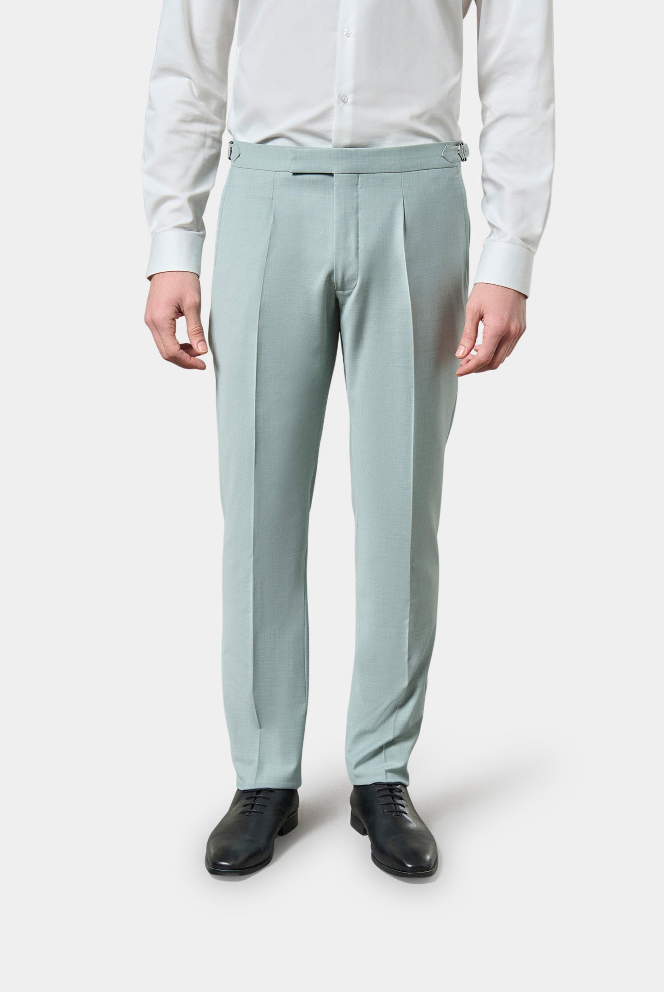Laine chinée bi-stretch — Pantalon de costume pince et taille ajustable Jerem, ceinture sartoriale, poches italiennes