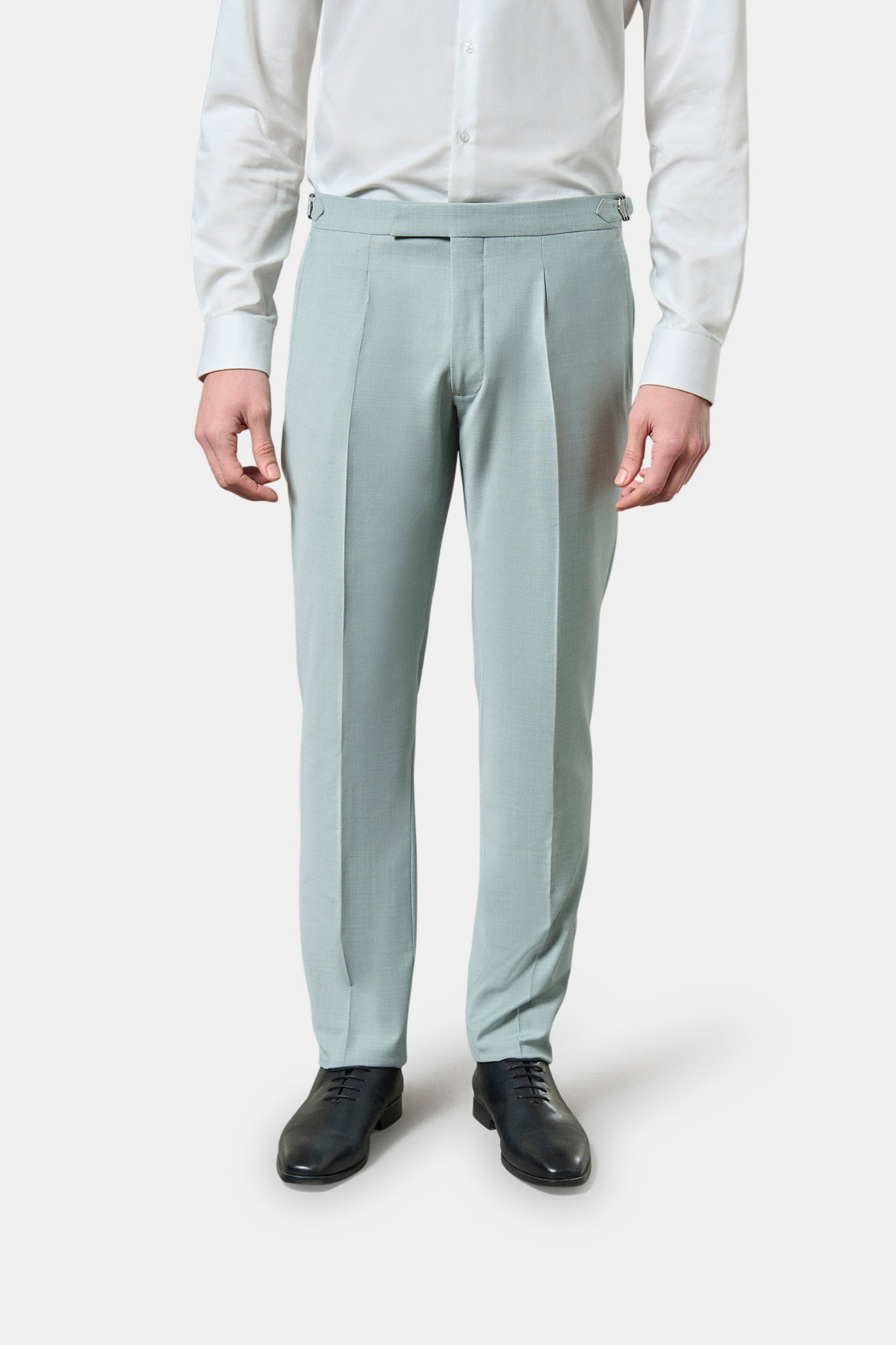 Laine chinée bi-stretch — Pantalon de costume pince et taille ajustable Jerem, ceinture sartoriale, poches italiennes