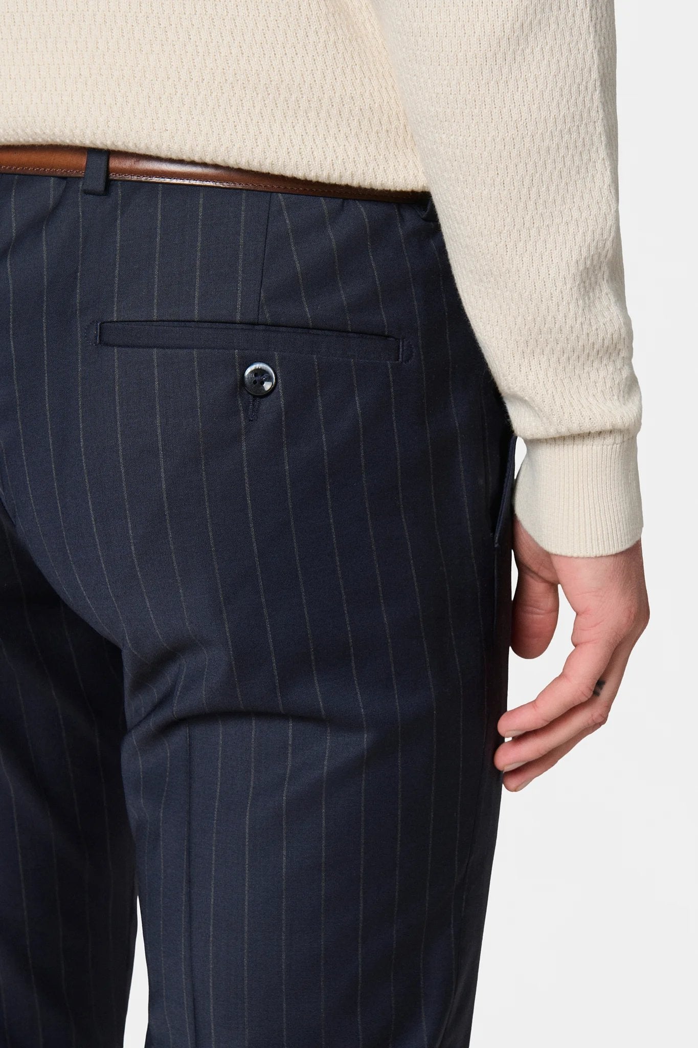 Pantalon de costume ajusté à rayure, laine Jerem, ceinture sartoriale stretch, ceinture sartoriale