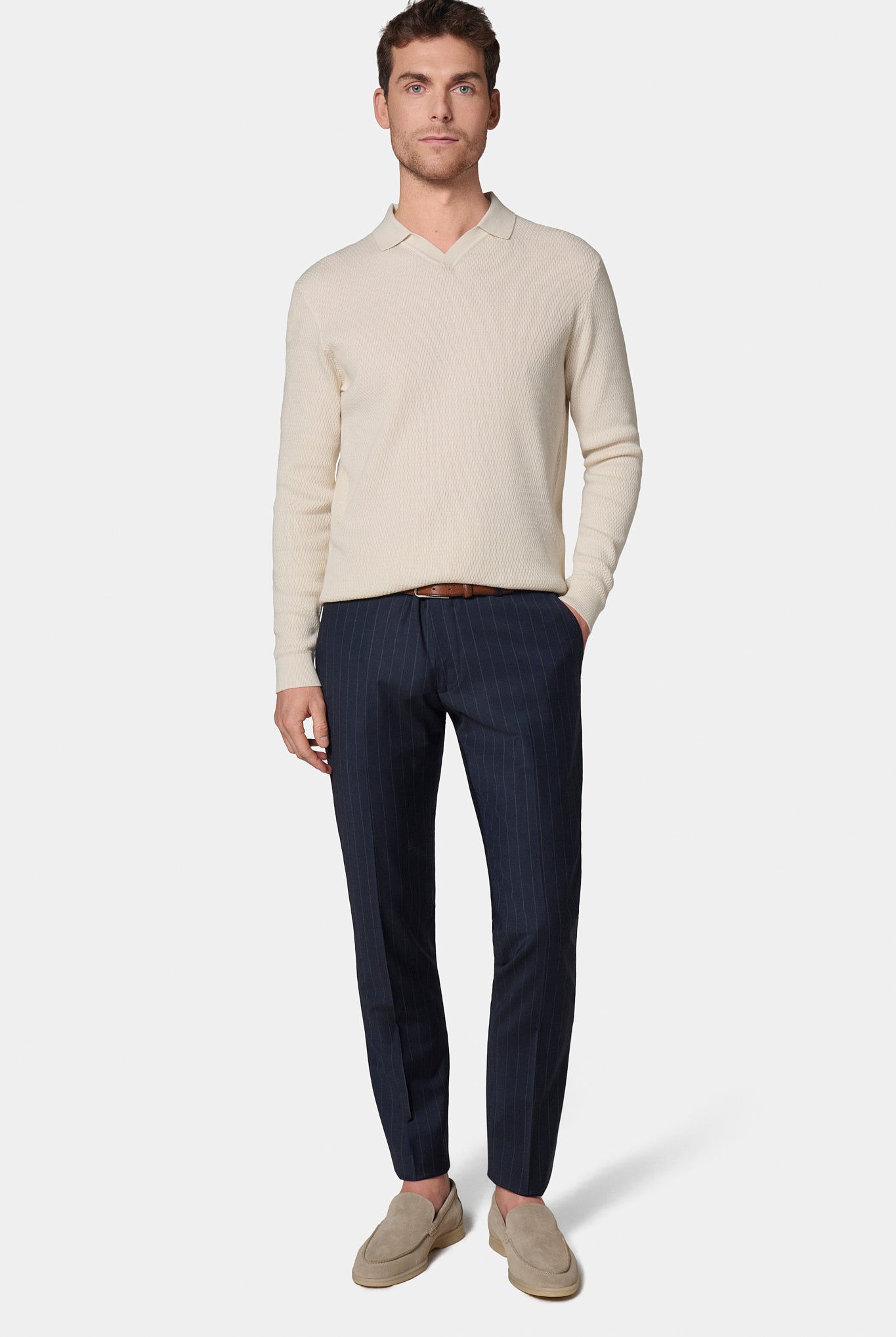 Laine — Pantalon de costume ajusté à rayure Jerem, ceinture sartoriale, poches italiennes