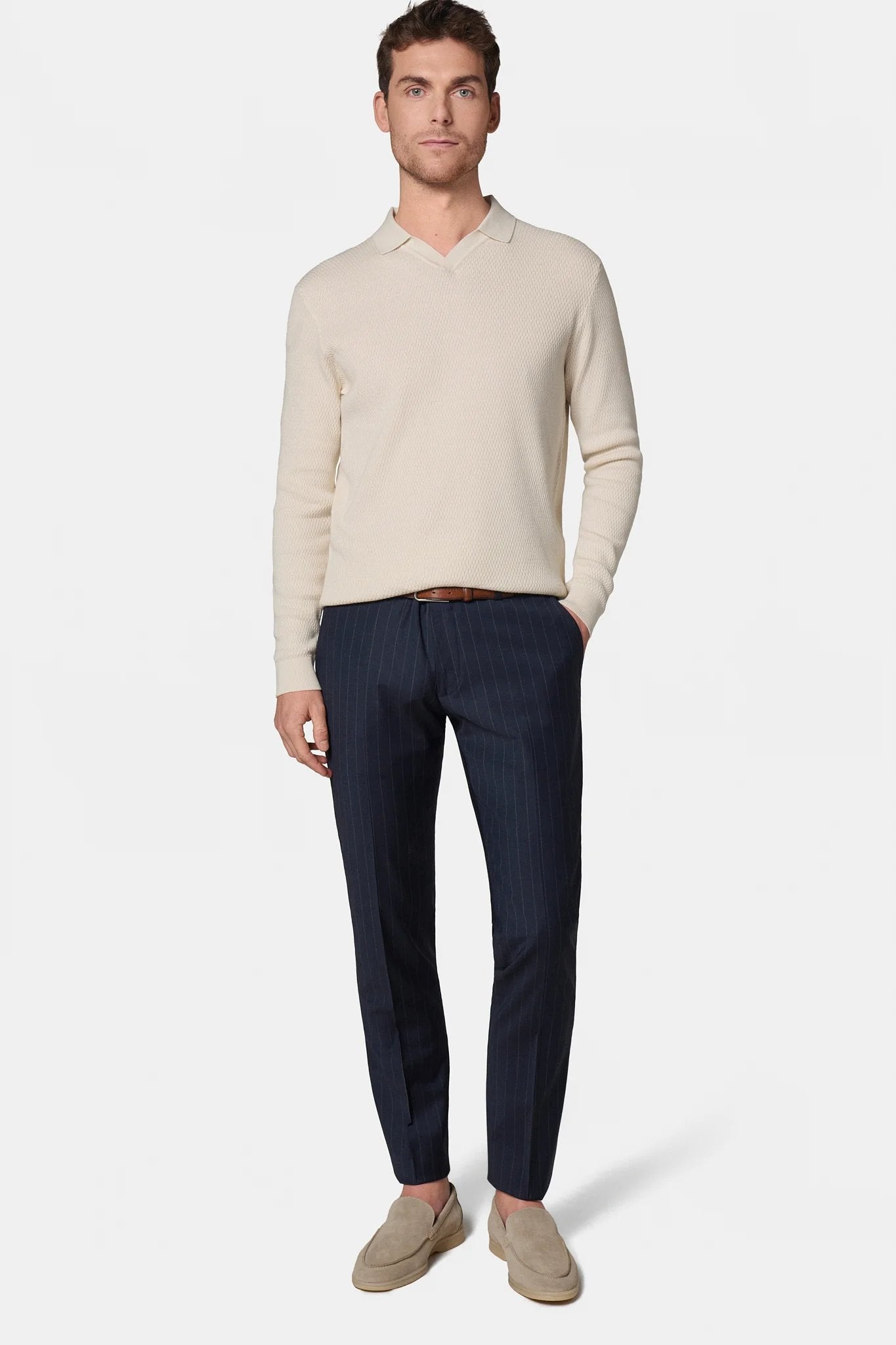 Laine — Pantalon de costume ajusté à rayure Jerem, ceinture sartoriale, poches italiennes