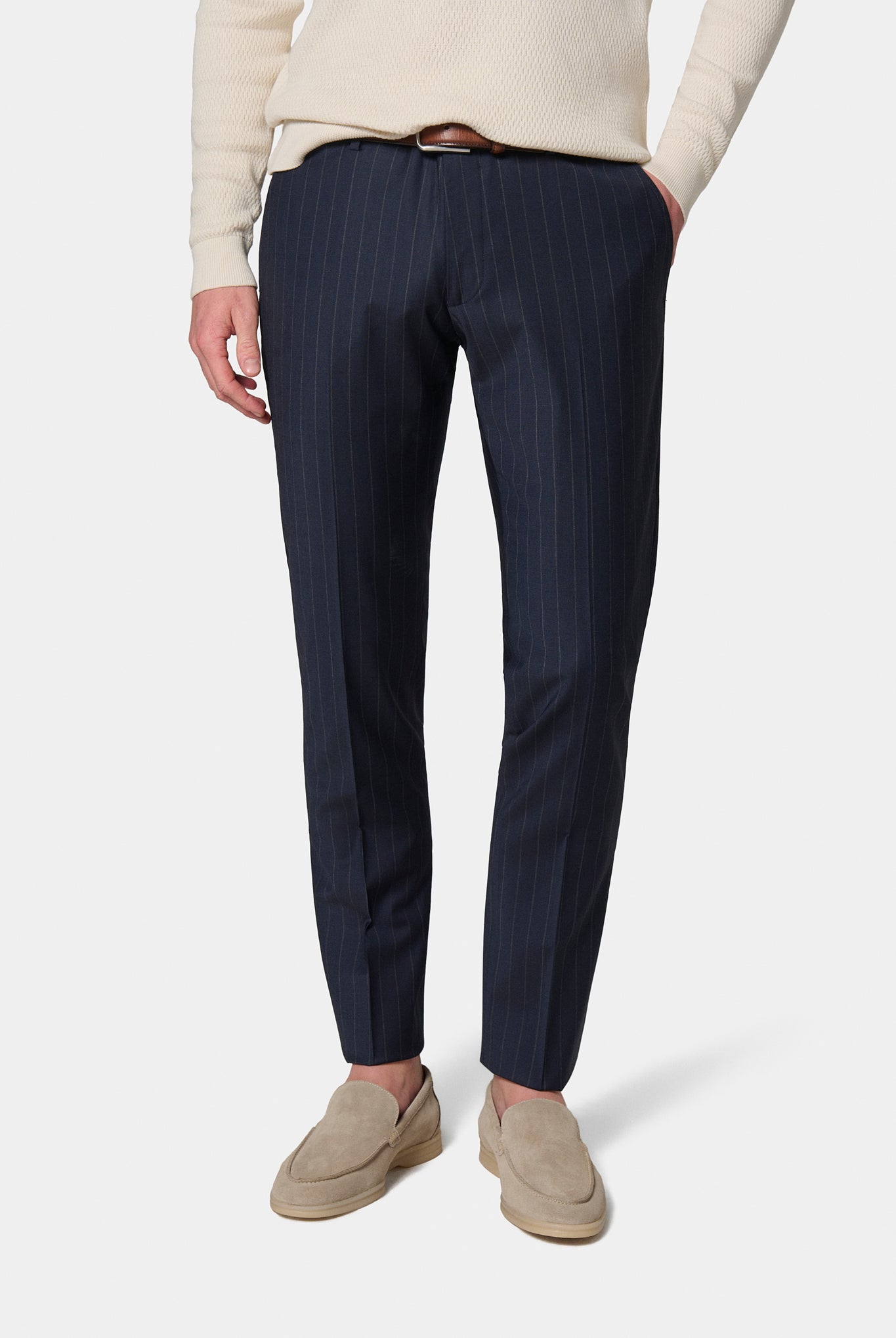 Pantalon de costume ajusté à rayure en laine Jerem, intérieur semi-doublé, ceinture sartoriale stretch, ceinture sartoriale