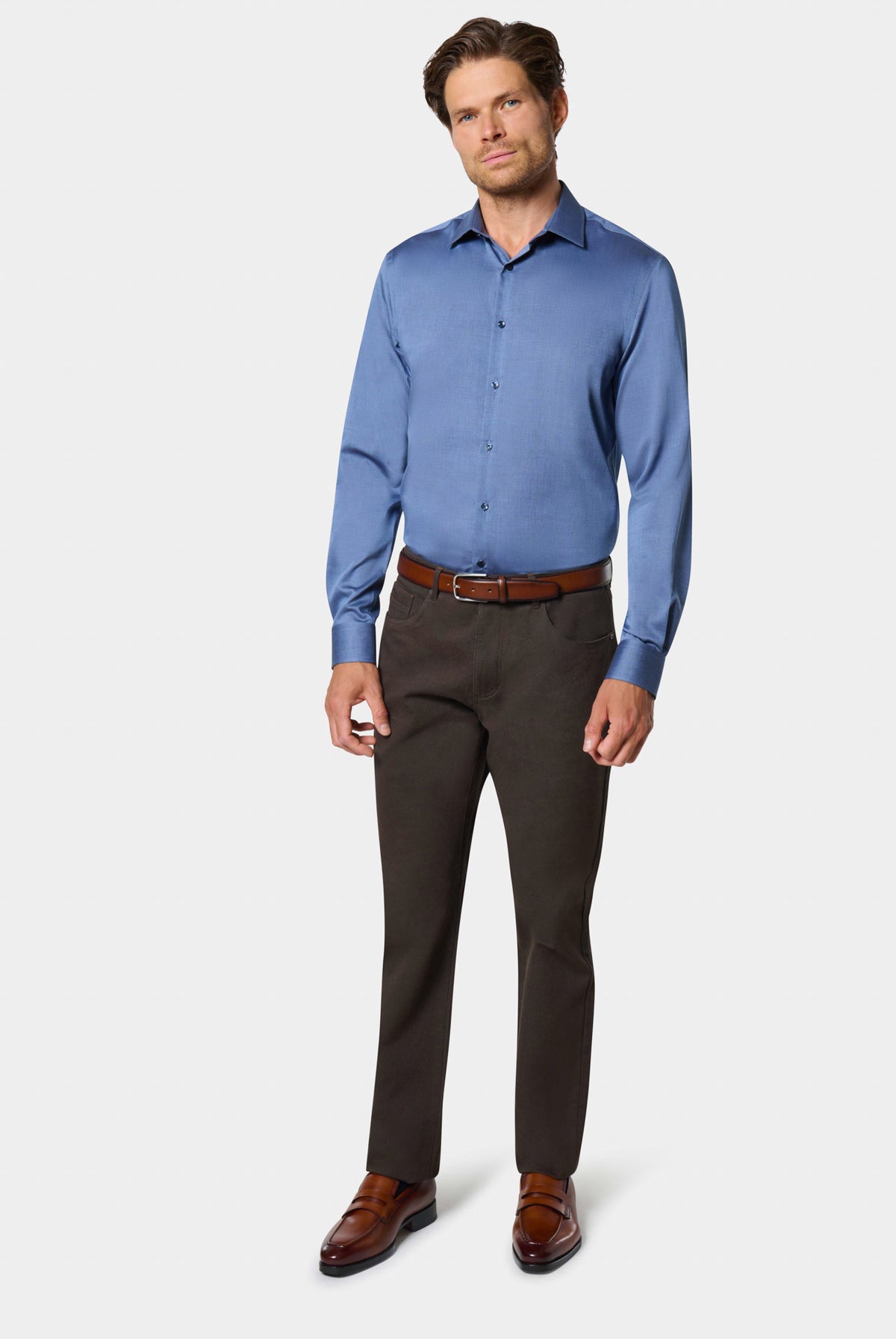 Chemise droite à micro-motif bleu sans repassage Jerem Paris, vue de face