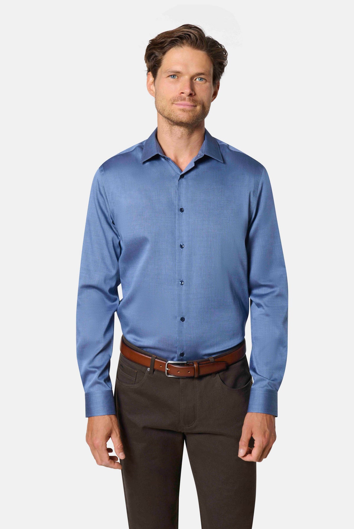 Chemise droite à micro-motif bleu sans repassage Jerem Paris
