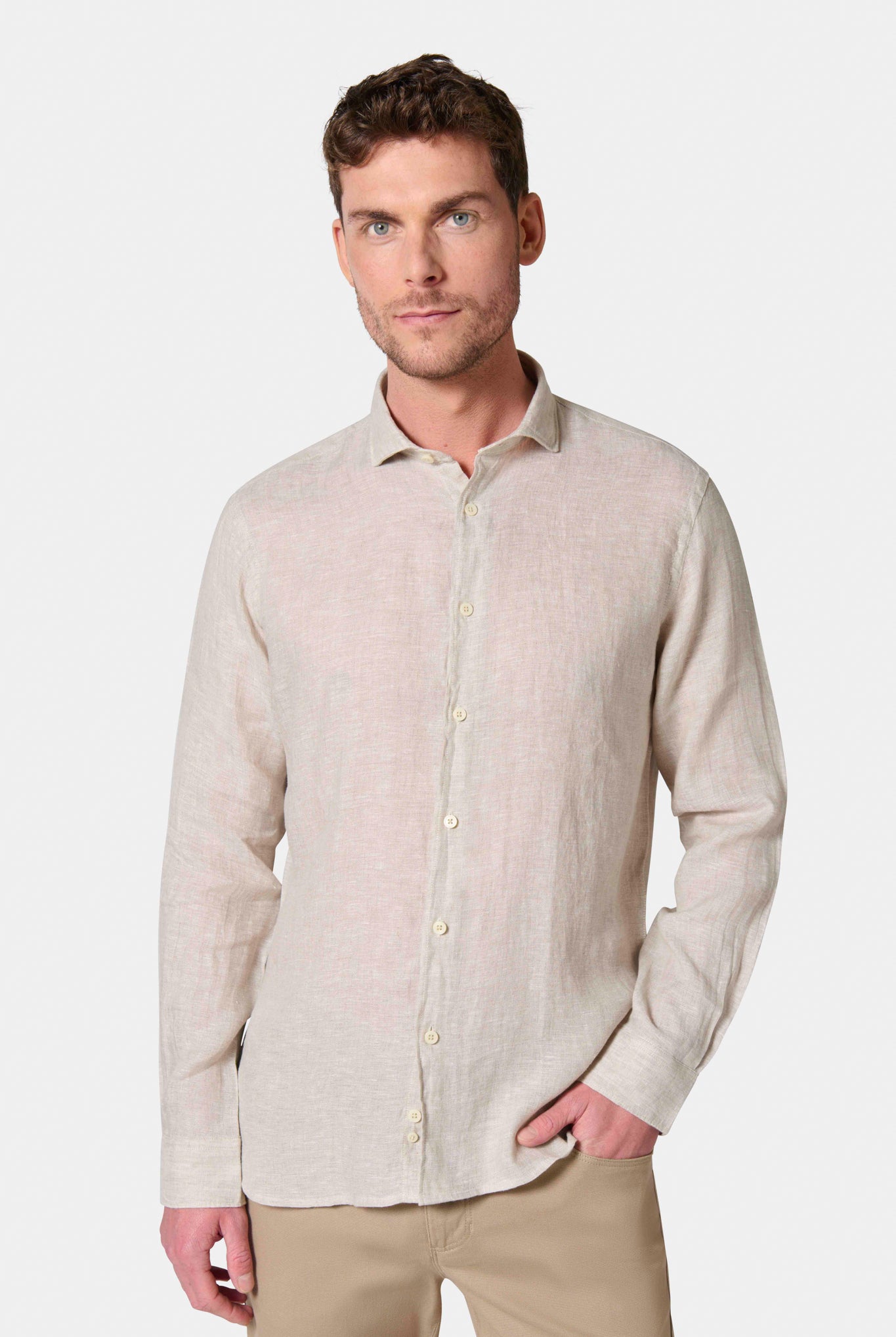 Chemise en pur lin col semi-italien confortable Jerem, coupe confortable, col semi-italien