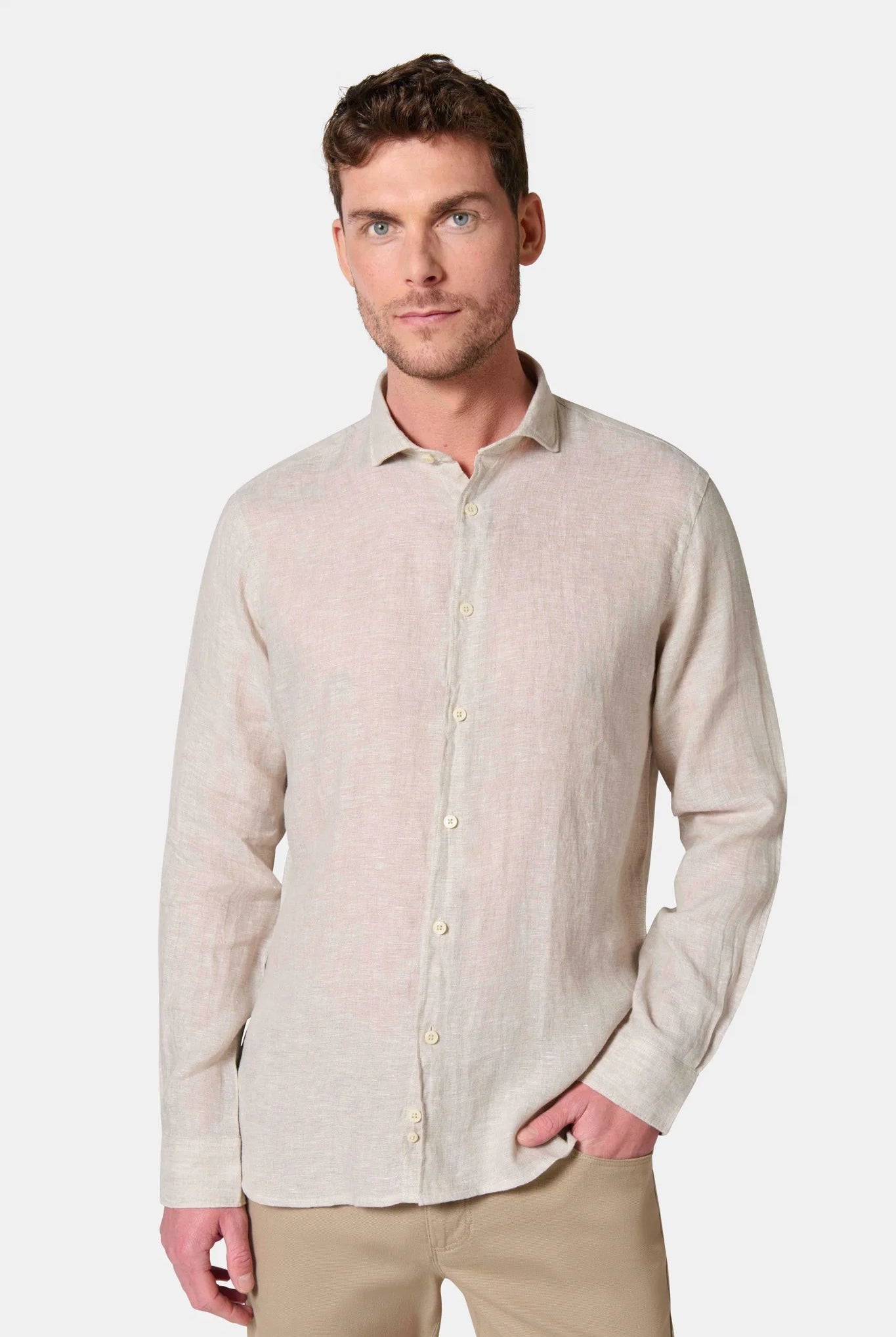 Chemise en pur lin col semi-italien confortable Jerem, coupe confortable, col semi-italien