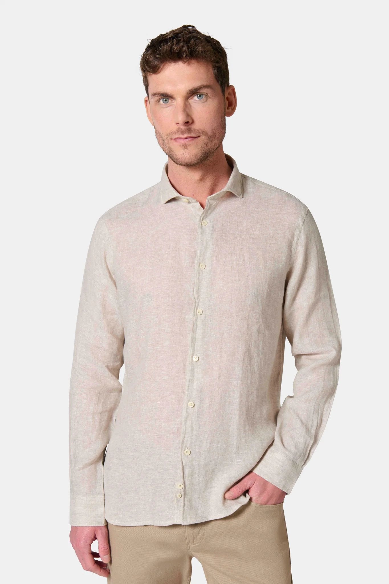 Chemise en pur lin col semi-italien confortable Jerem, coupe confortable, col semi-italien