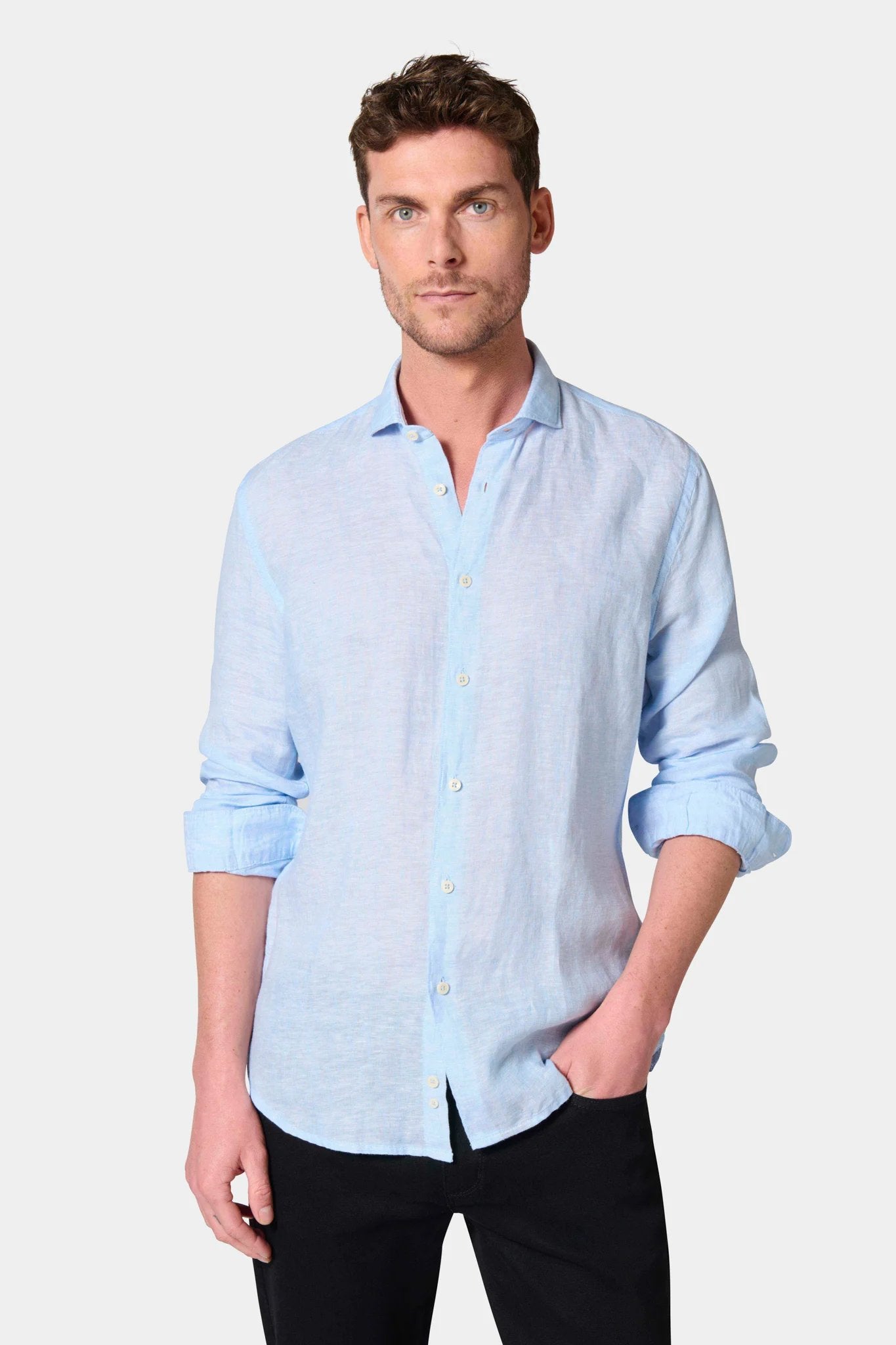 Chemise en pur lin col semi-italien coupe confortable Jerem, col semi-italien, coupe confortable