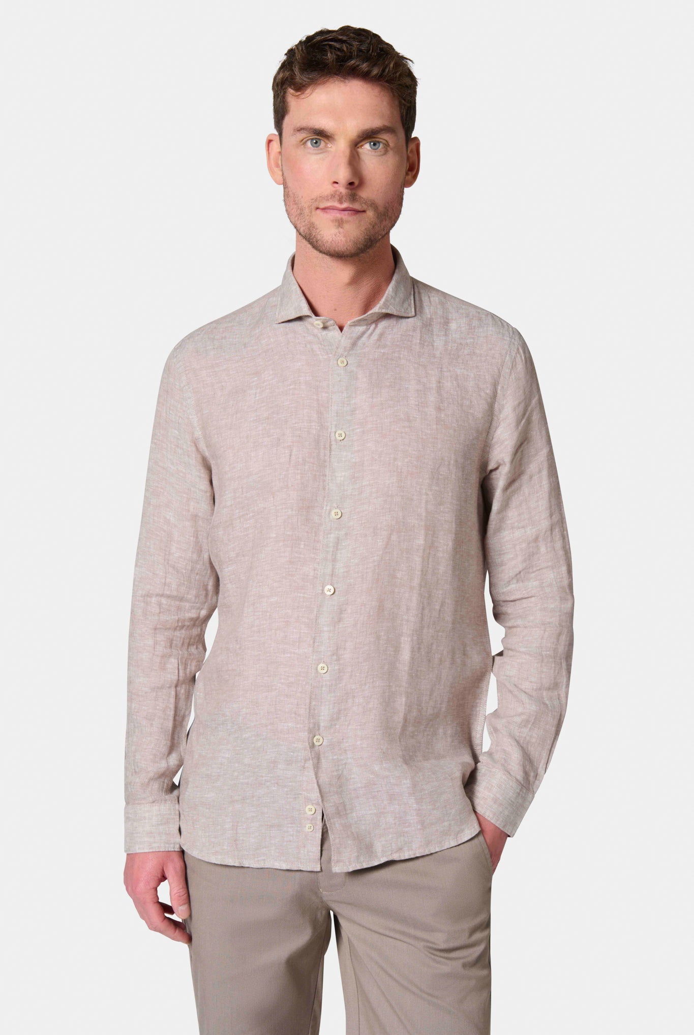 Chemise, pur lin col semi-italien coupe confortable Jerem, col semi-italien, coupe confortable, coloris beige