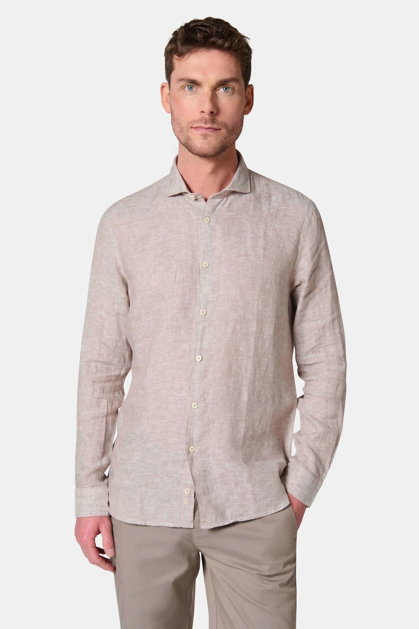 Chemise, pur lin col semi-italien coupe confortable Jerem, col semi-italien, coupe confortable, coloris beige