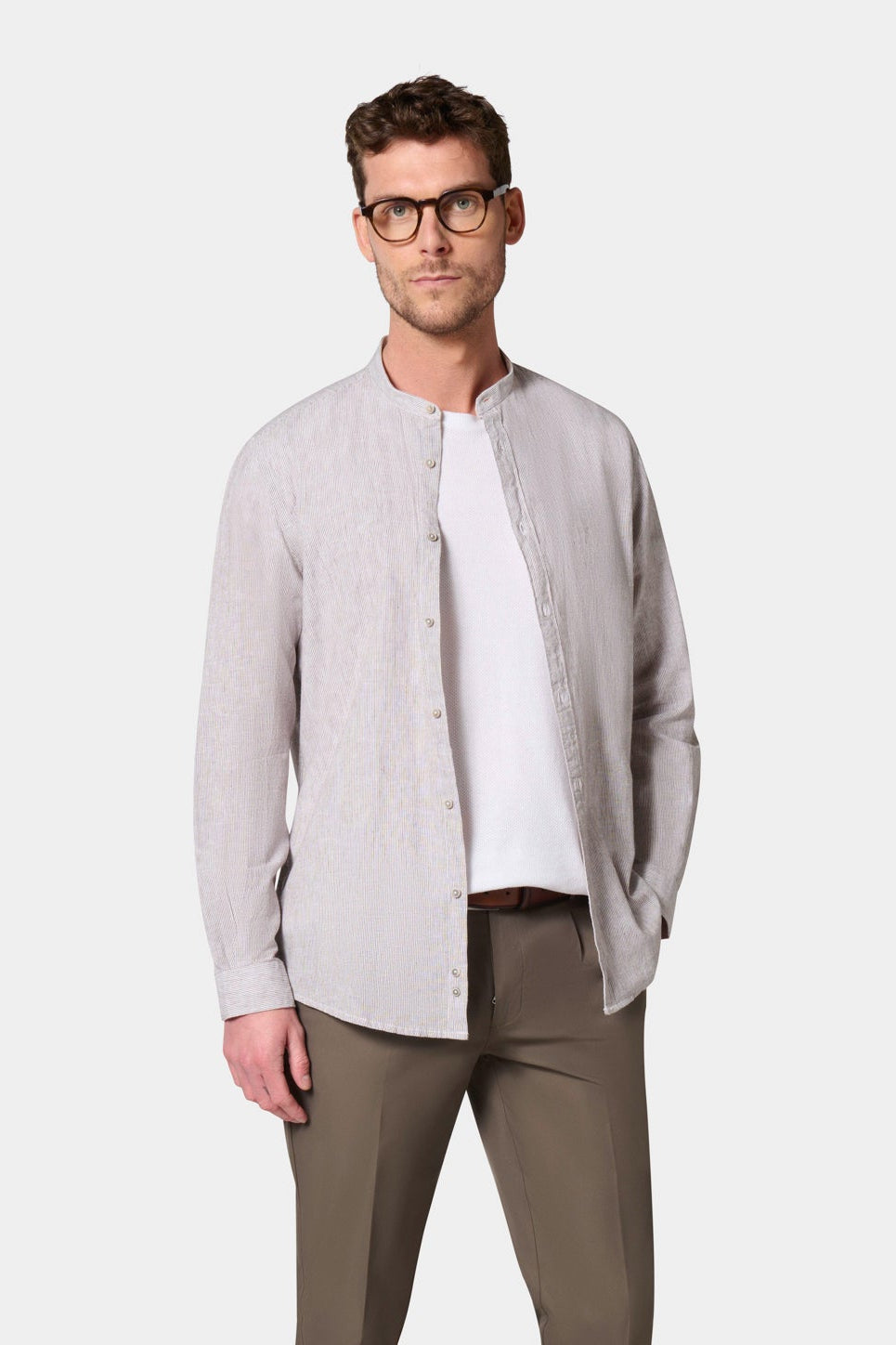 Chemise en lin coton col semi-italien coupe confortable Jerem, col semi-italien, coupe confortable
