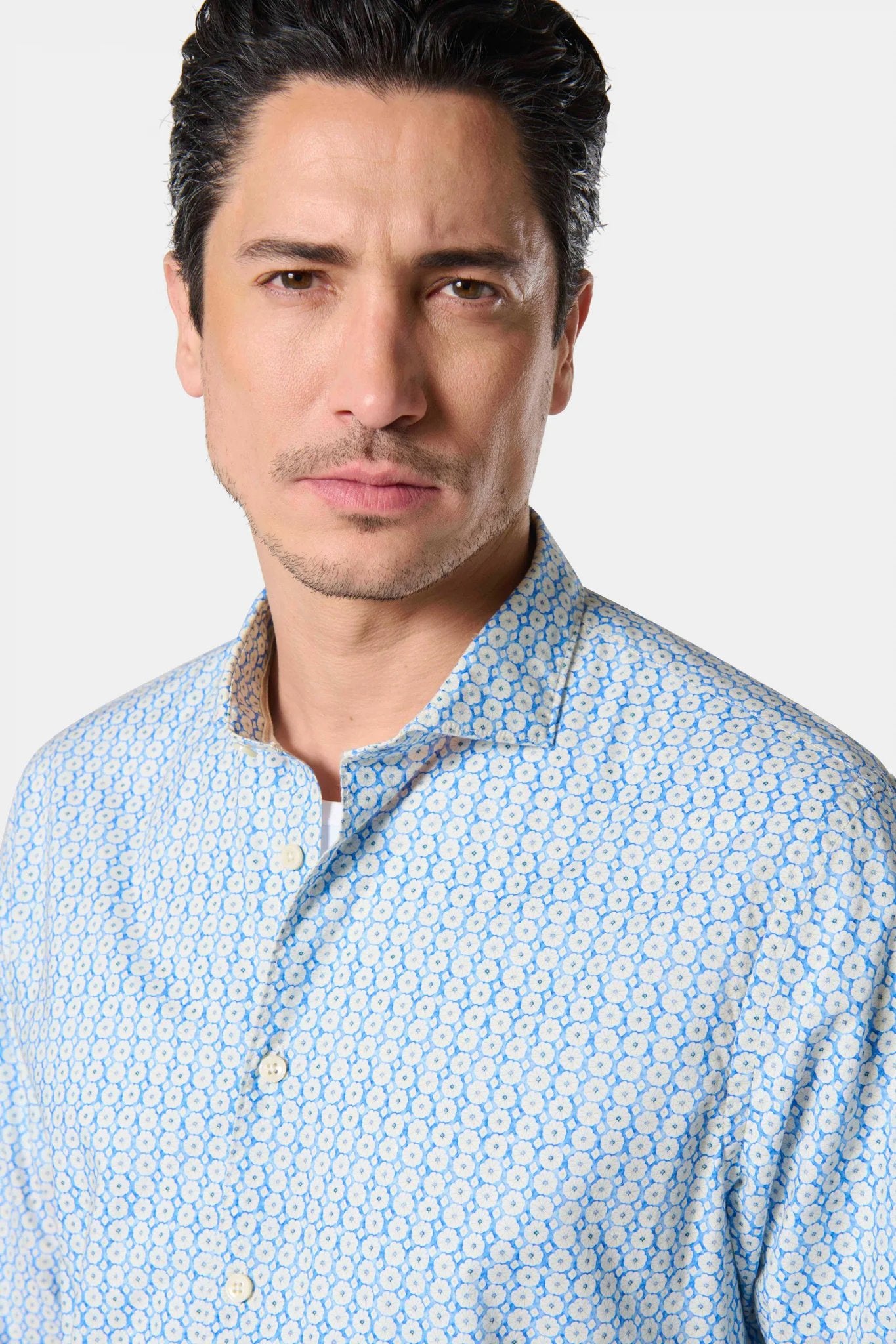 Chemise col semi-italien imprimée fleurie Jerem, col semi-italien