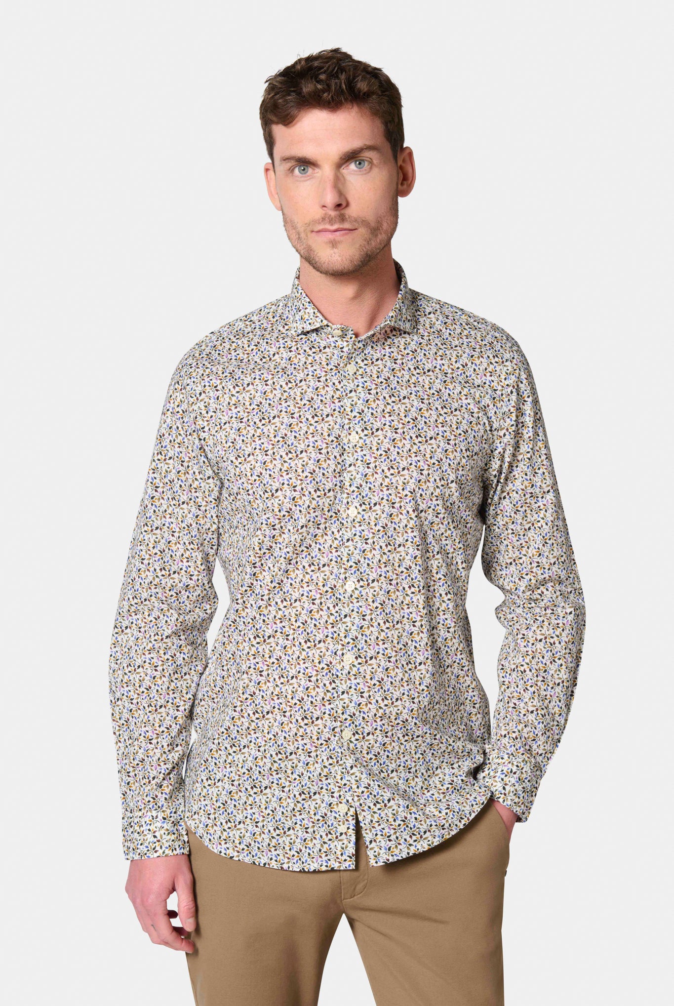 Chemise confortable imprimée fleurie Jerem, coupe confortable, col semi-italien