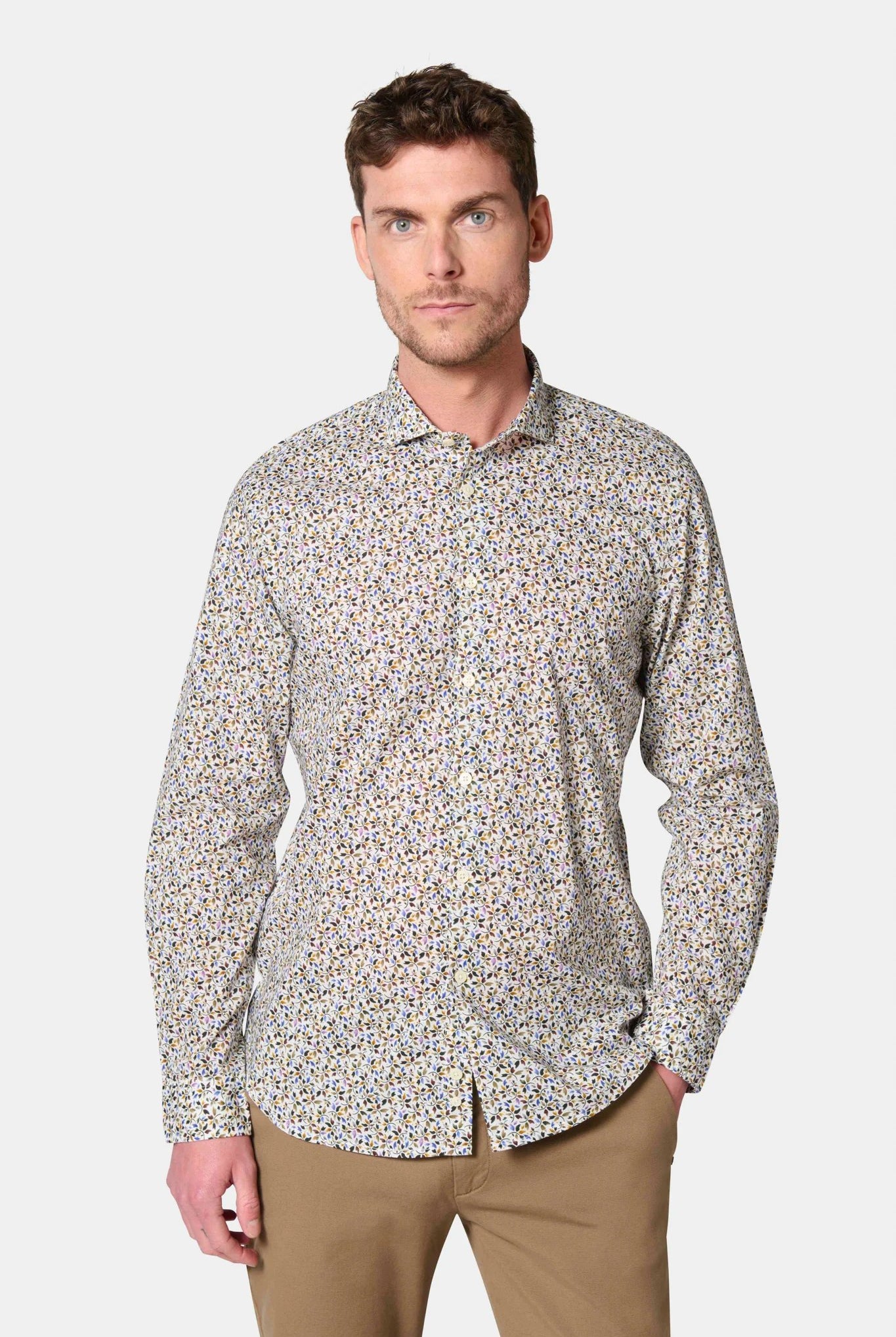 Chemise confortable imprimée fleurie Jerem, coupe confortable, col semi-italien