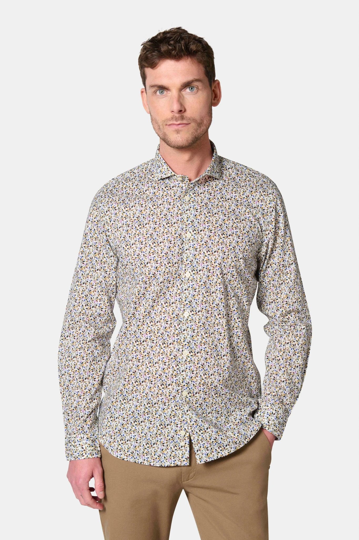 Chemise confortable imprimée fleurie Jerem, coupe confortable, col semi-italien