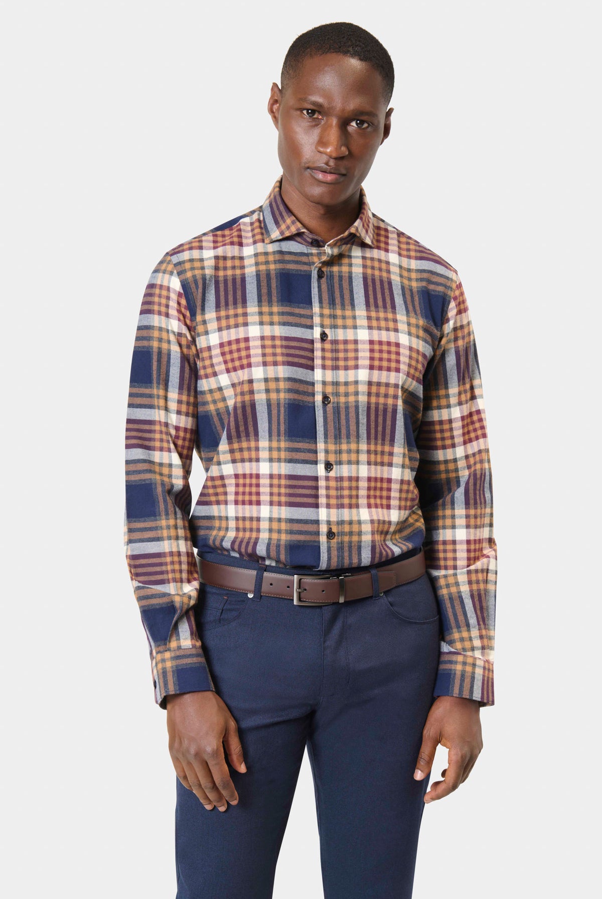 Chemise à carreaux col semi-italien en pur coton Jerem Paris