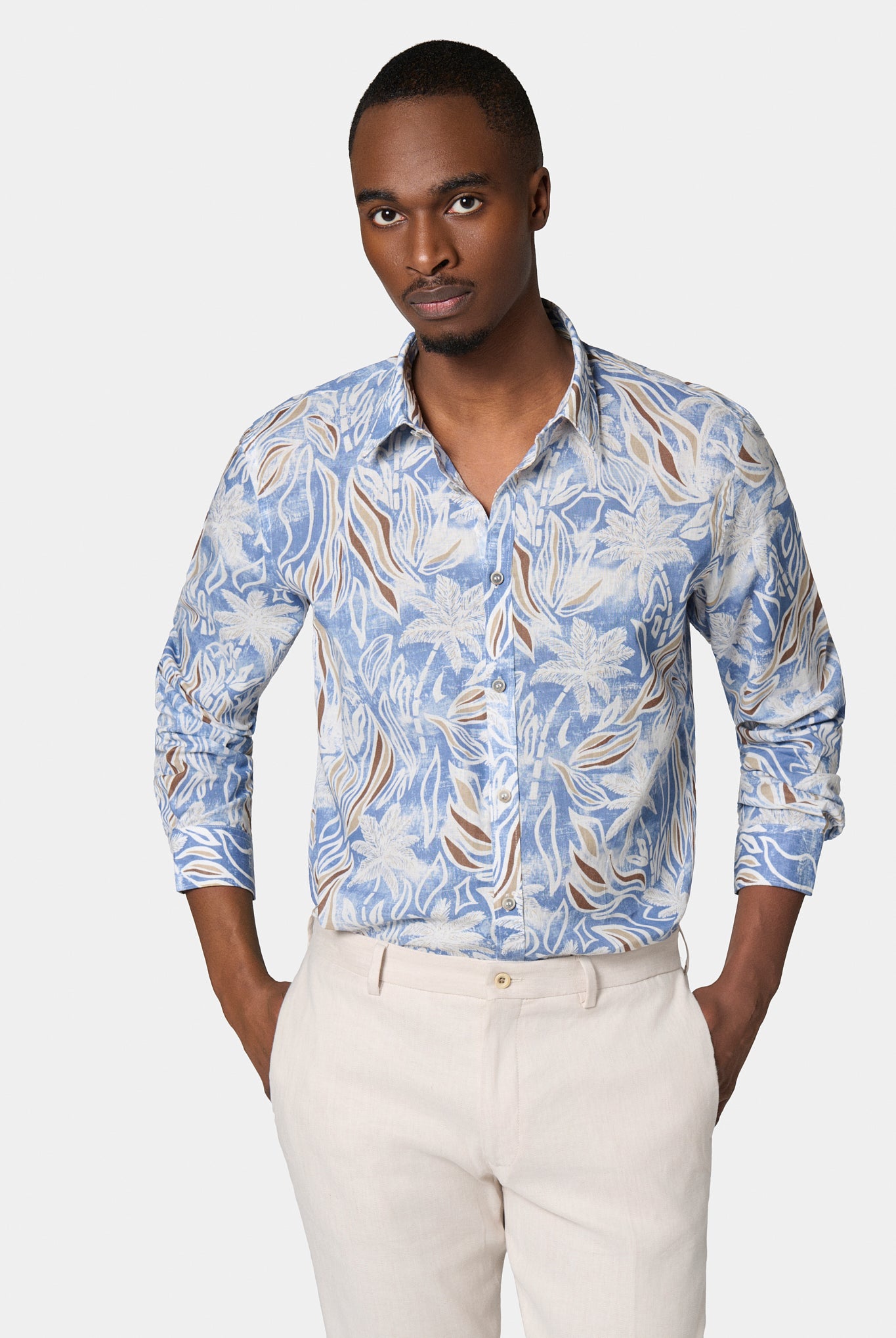 Chemise imprimée en lin coton Jerem, col classique, coupe confortable