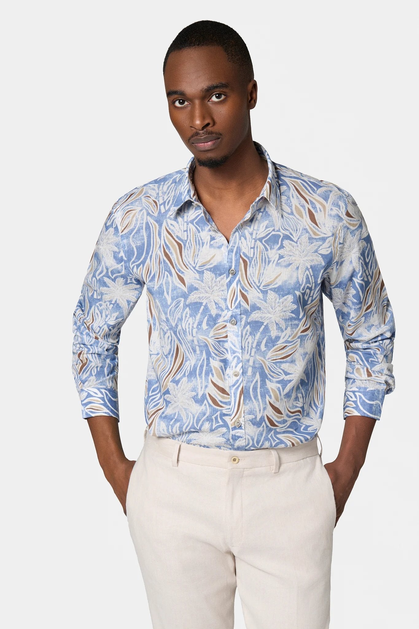 Chemise imprimée en lin coton Jerem, col classique, coupe confortable