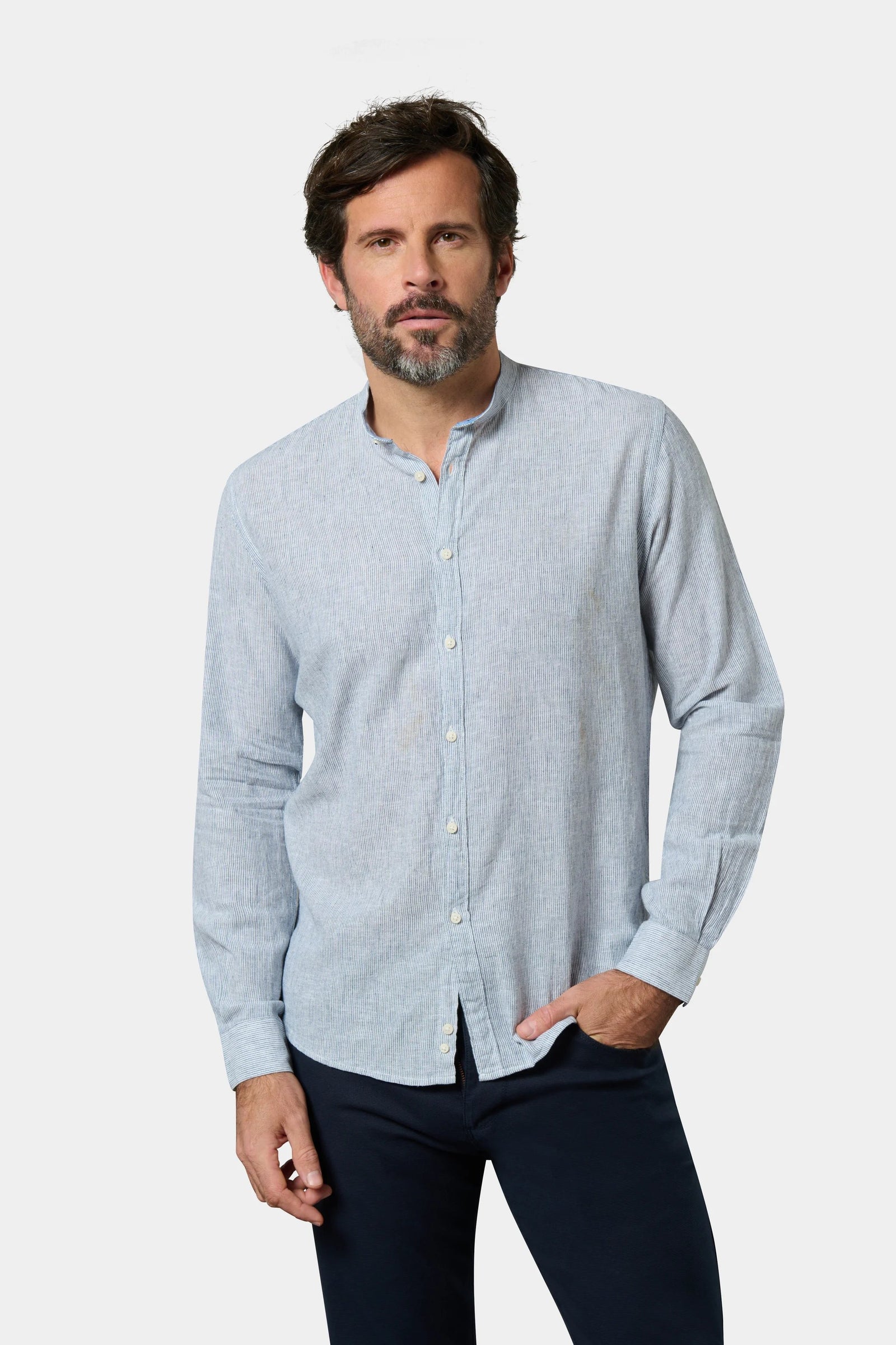 Chemise rayures en lin et coton mélangés col mao coupe confortable Jerem, col mao, coupe confortable