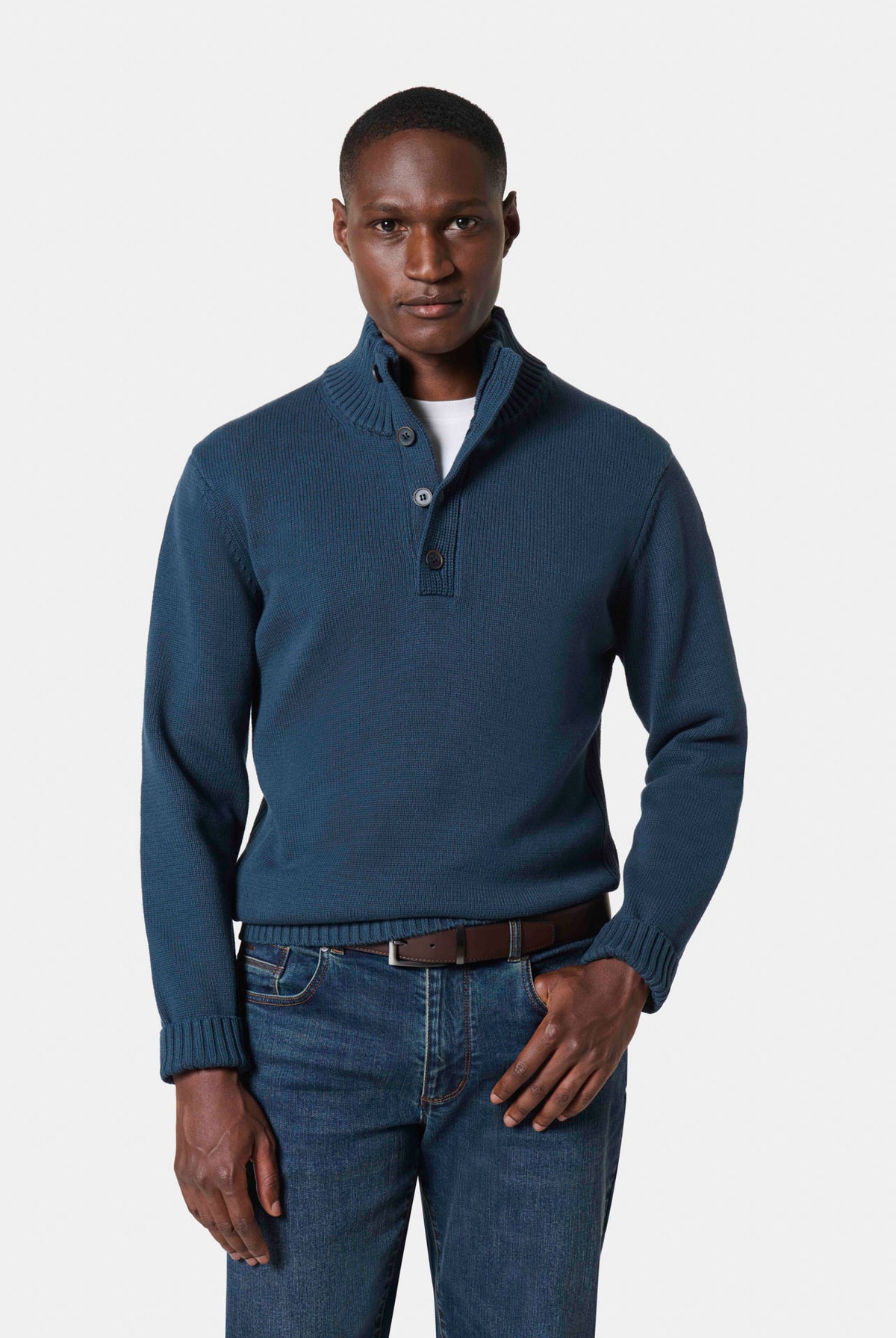 Pull col montant boutonné en coton, coloris vert — photo 3