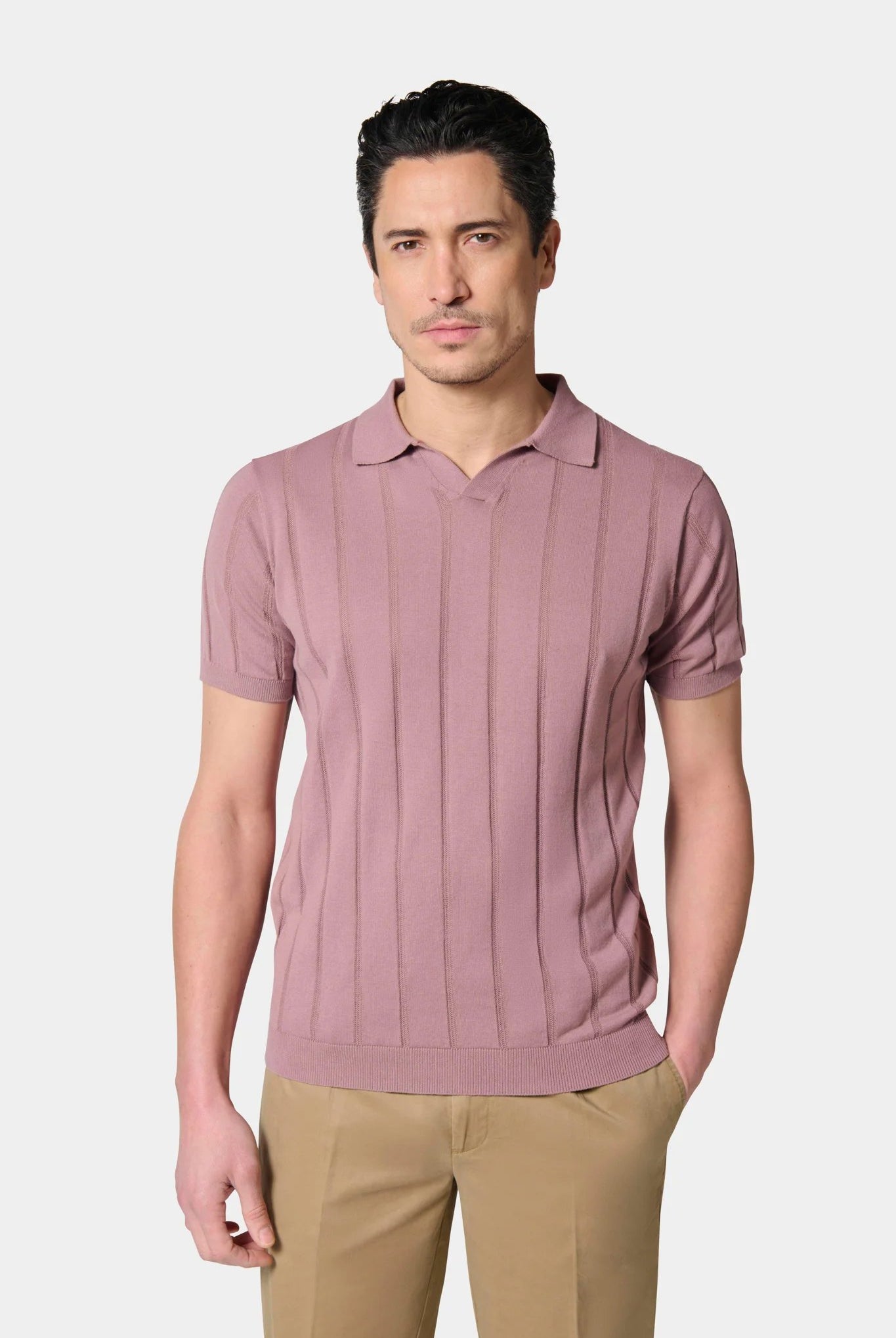 Pull manche courte col polo ouvert Jerem, manches courtes, col polo, coloris rose poudré