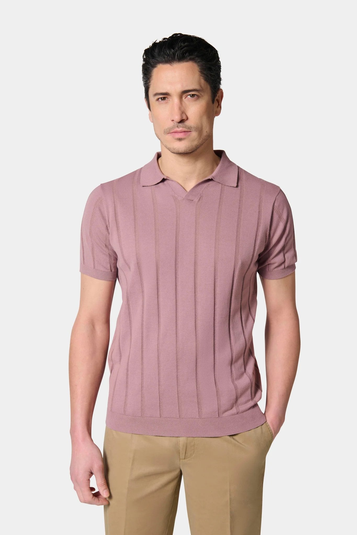 Pull manche courte col polo ouvert Jerem, manches courtes, col polo, coloris rose poudré