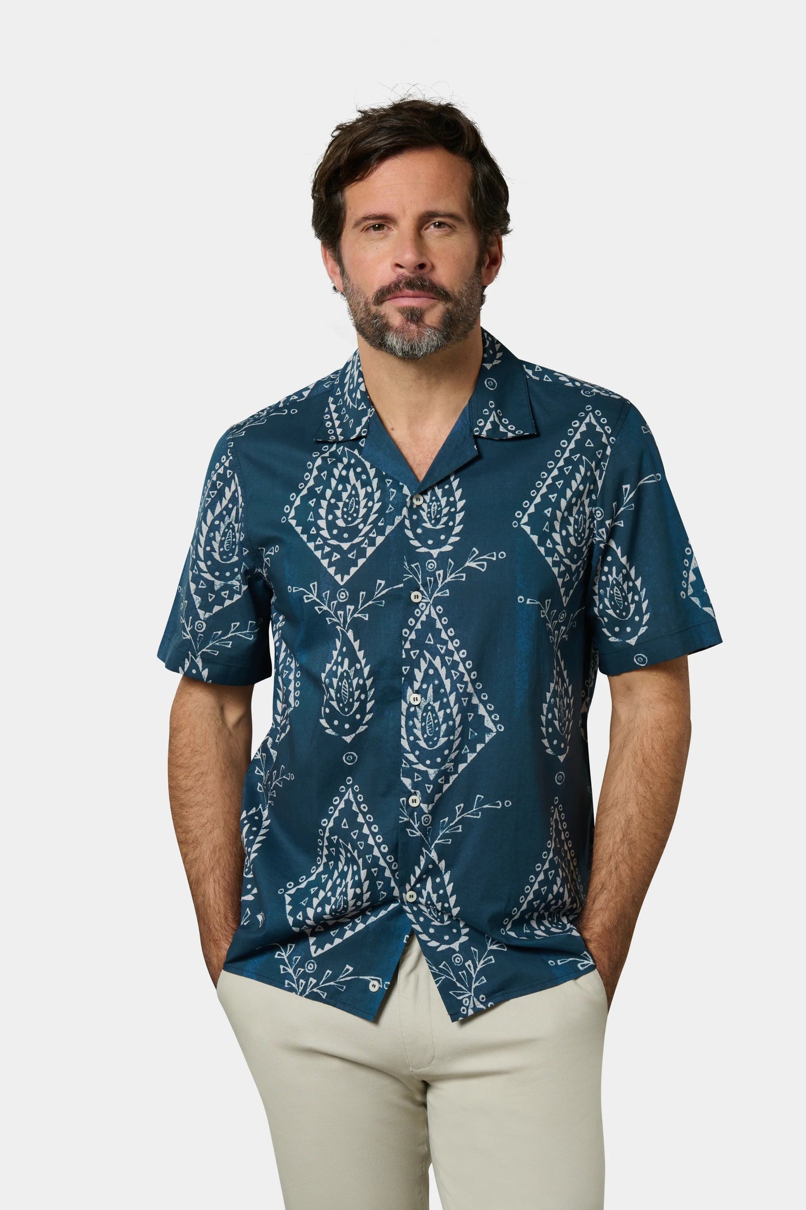 Chemise col bowling en coton motif fantaisie manches courtes coupe confortable Jerem, manches courtes, coupe confortable