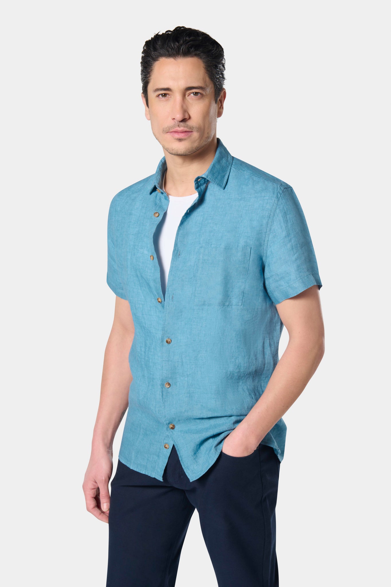Chemise en pur lin manches courtes Jerem, col classique, manches courtes, coupe confortable