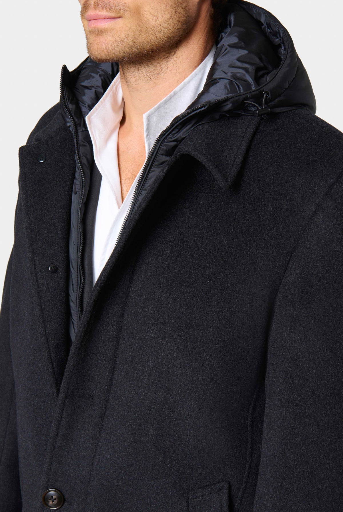 Manteau en laine et cachemire à plastron capuche Jerem Paris, vue de face