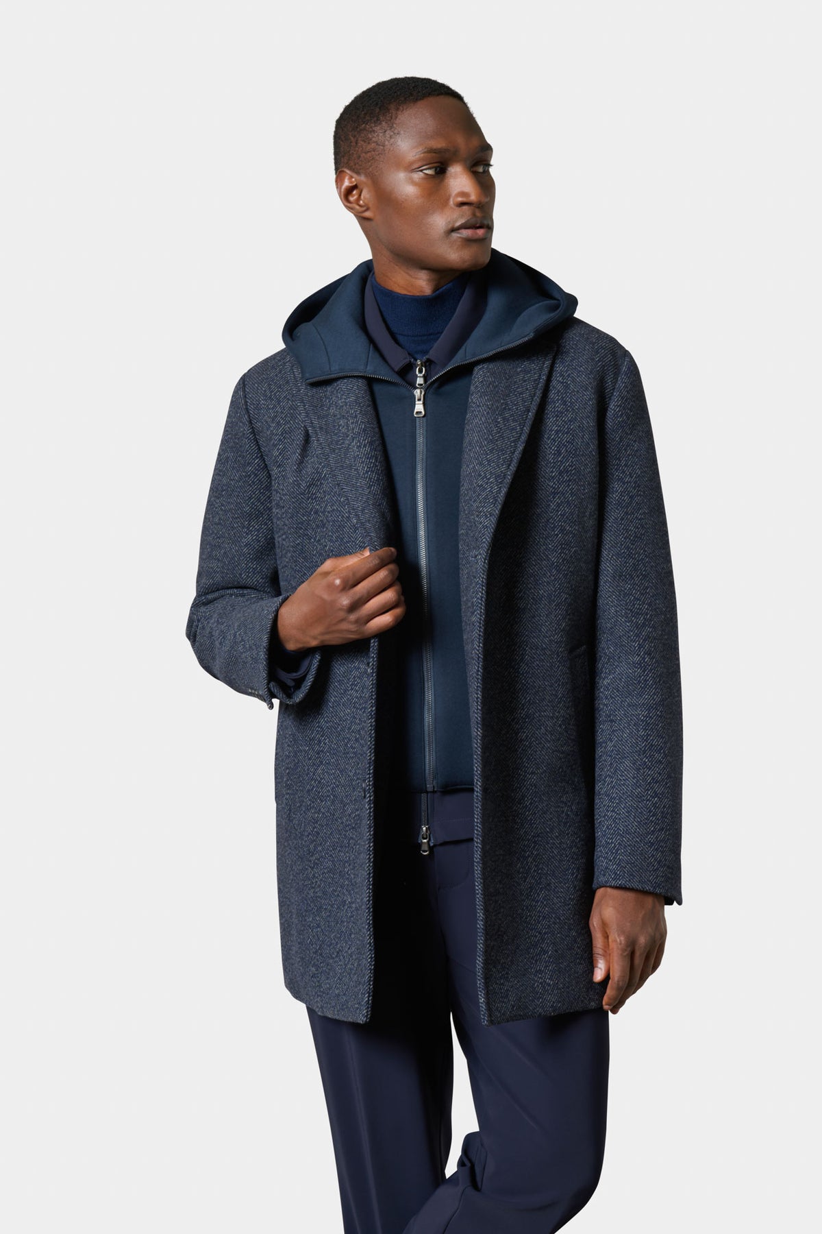 Manteau col tailleur à plastron capuche néoprène