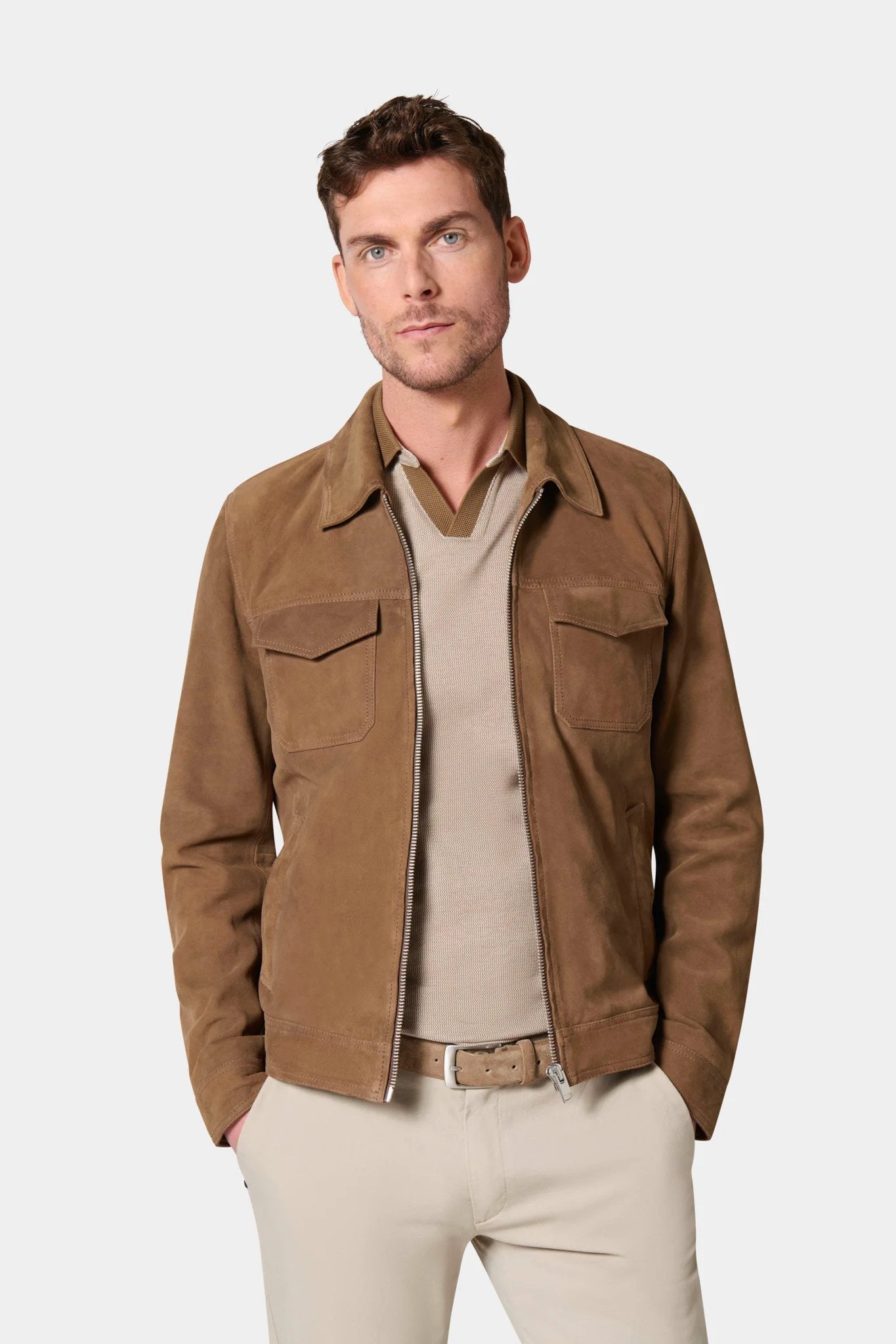 Blouson en cuir suede Jerem, col chemise, coloris camel