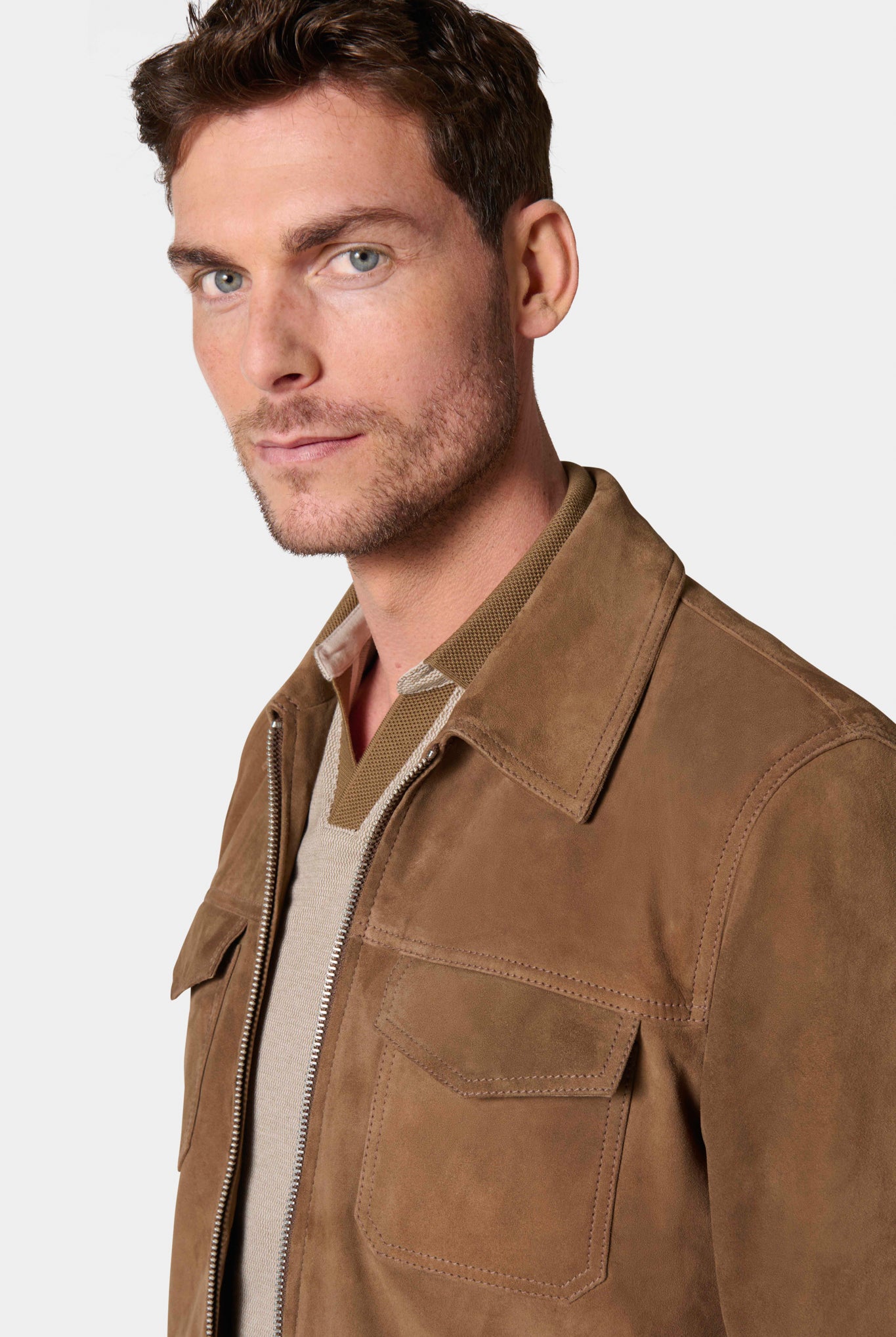Blouson, cuir suede Jerem, col chemise, coloris camel
