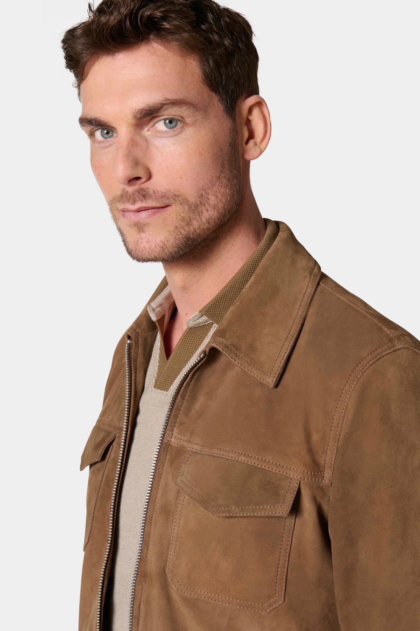 Blouson, cuir suede Jerem, col chemise, coloris camel
