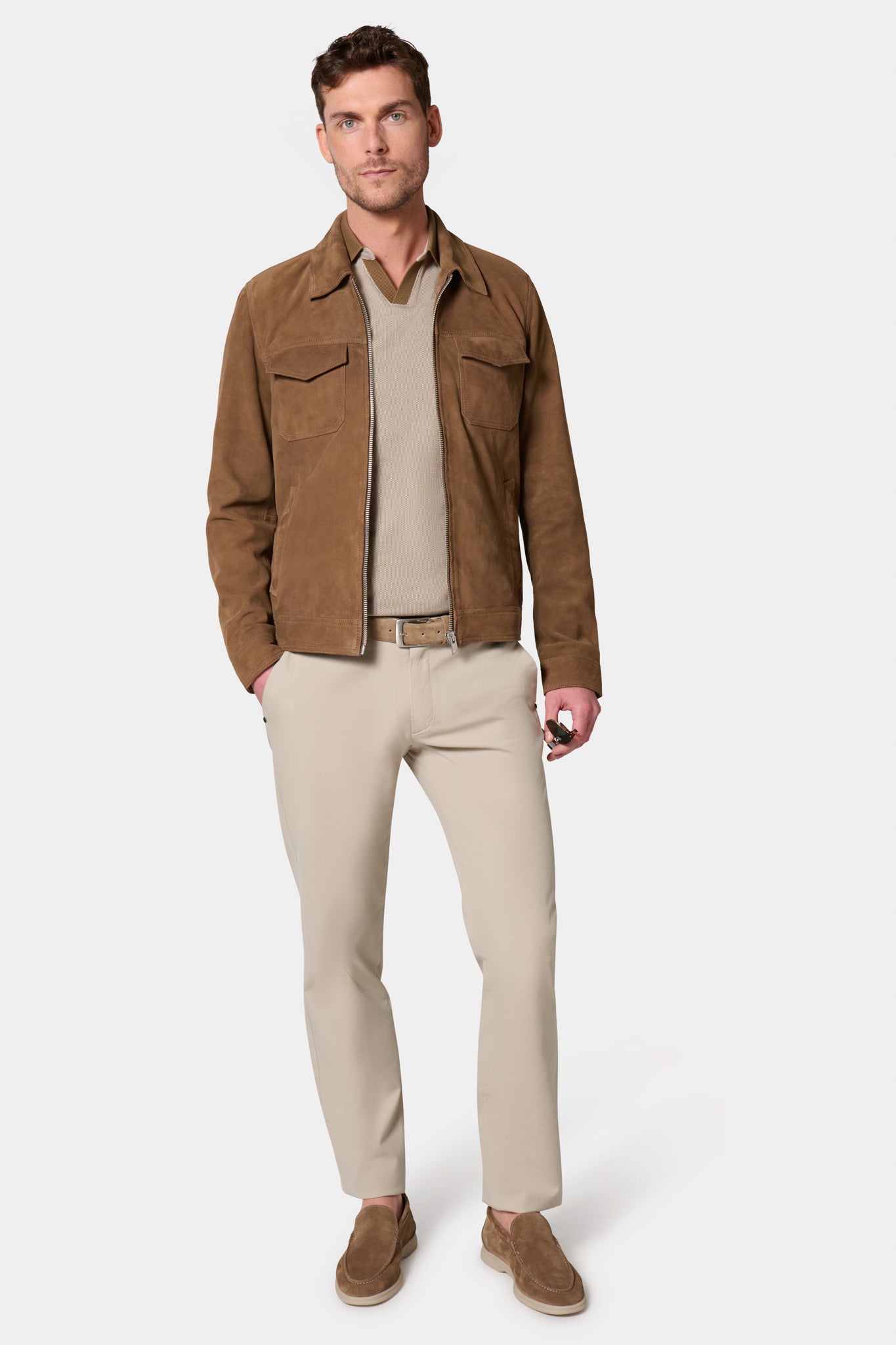 Cuir suede — Blouson Jerem, col chemise, coloris camel