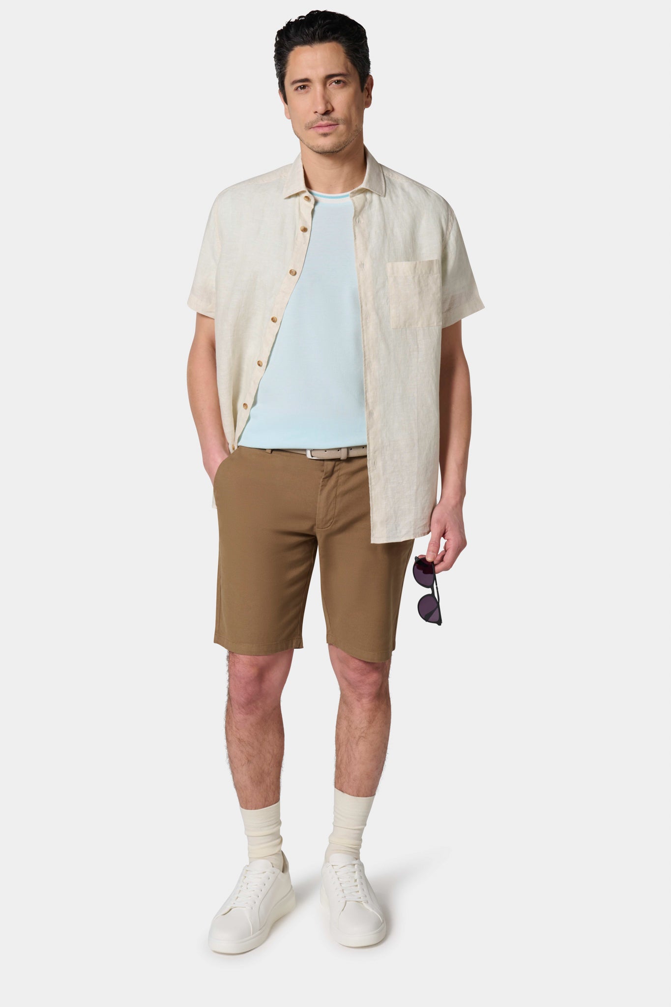 Lin stretch — Bermuda Jerem, poches italiennes, coupe droite, coloris camel