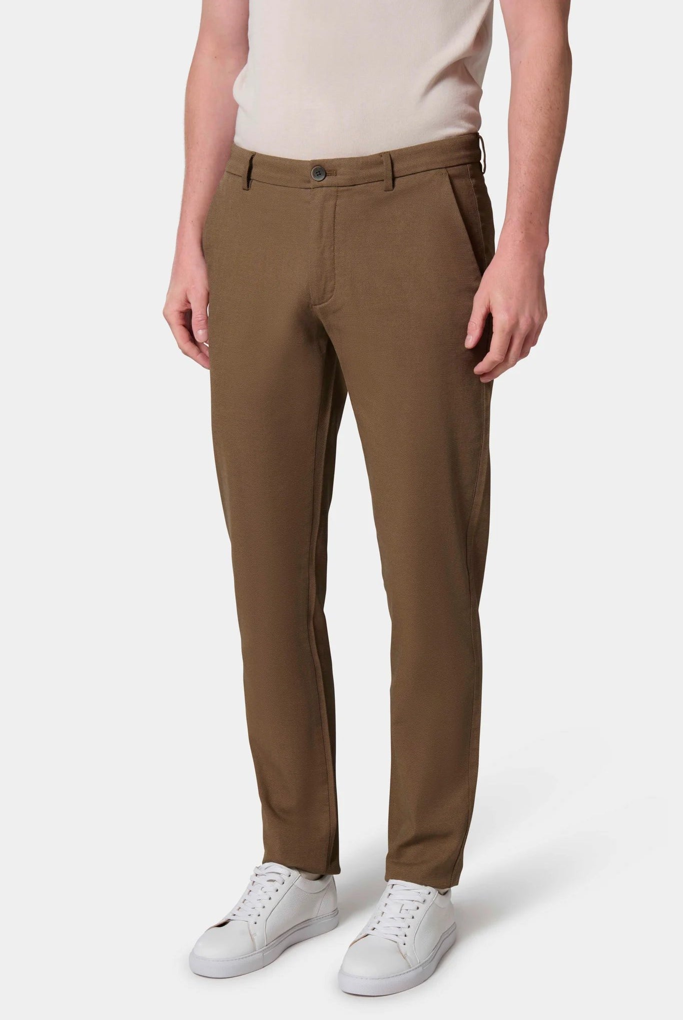 Pantalon en polycoton stretch Jerem, ceinture sartoriale stretch, ceinture sartoriale, poches italiennes, coloris camel