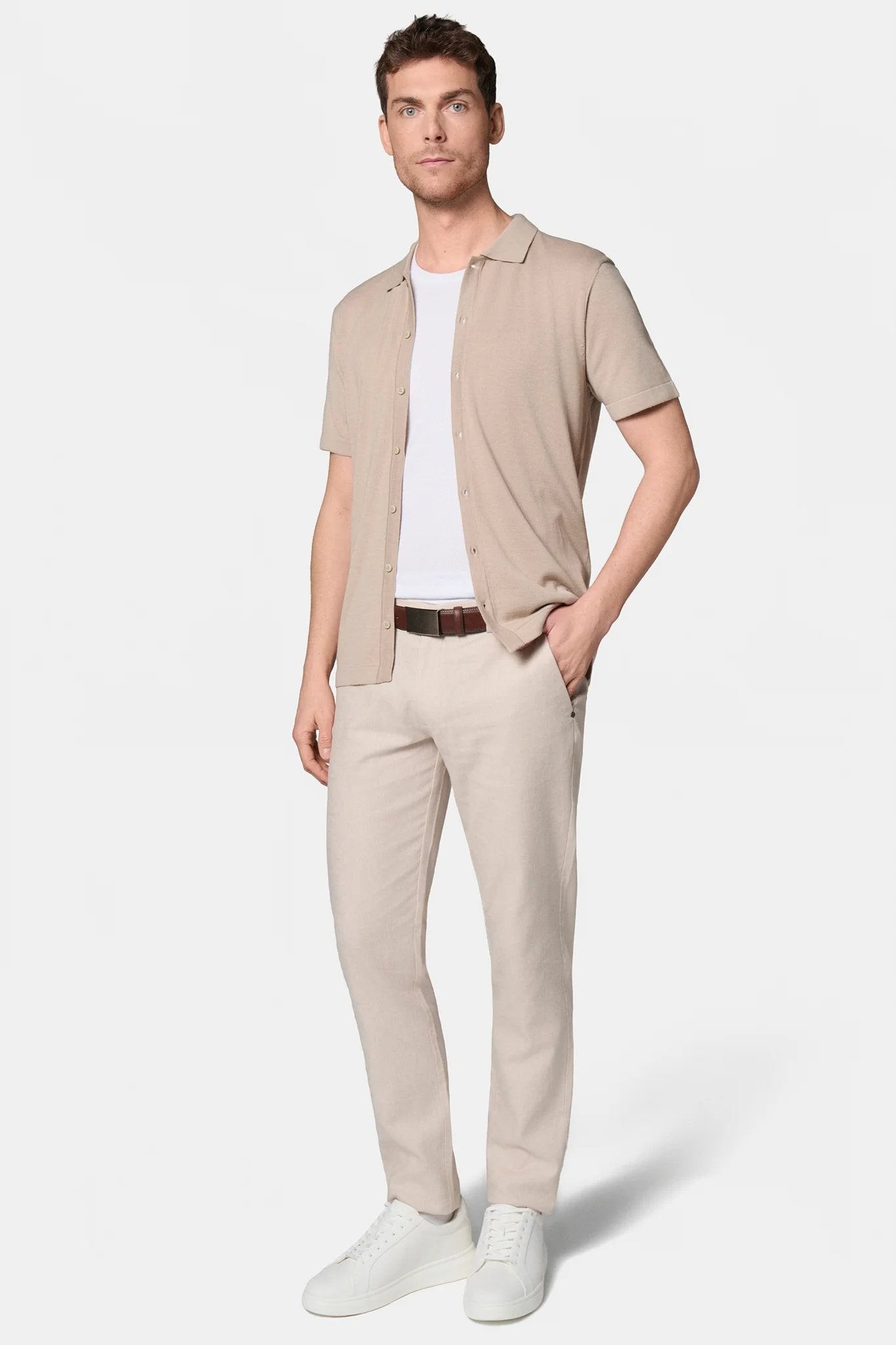 Gabardine de lin-coton — Pantalon de ville Jerem, poches italiennes, coupe droite