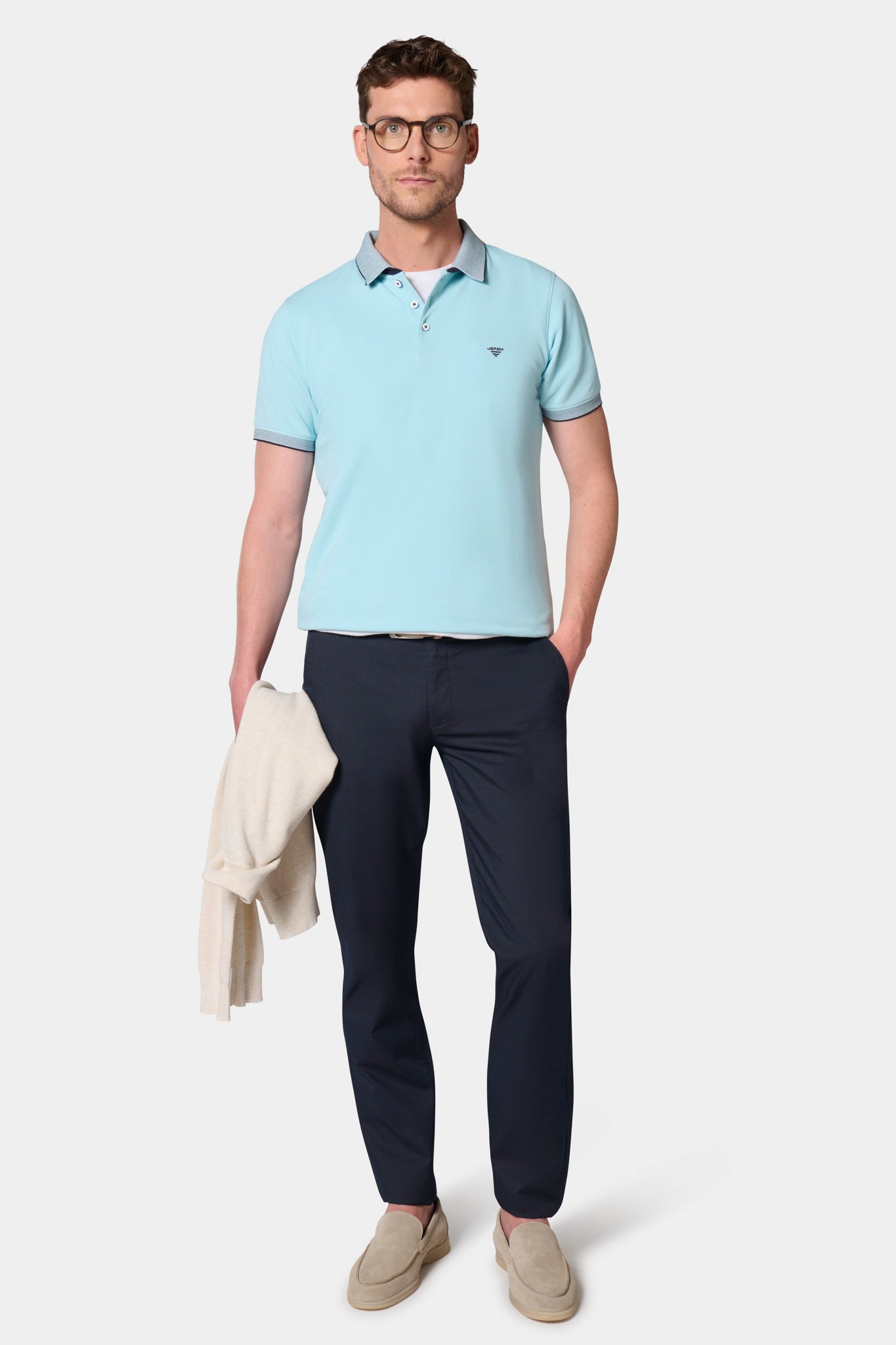 Polo jacri double col en finition bord-côte fantaisie manches courtes Jerem, manches courtes, coupe confortable, coloris bleu ciel