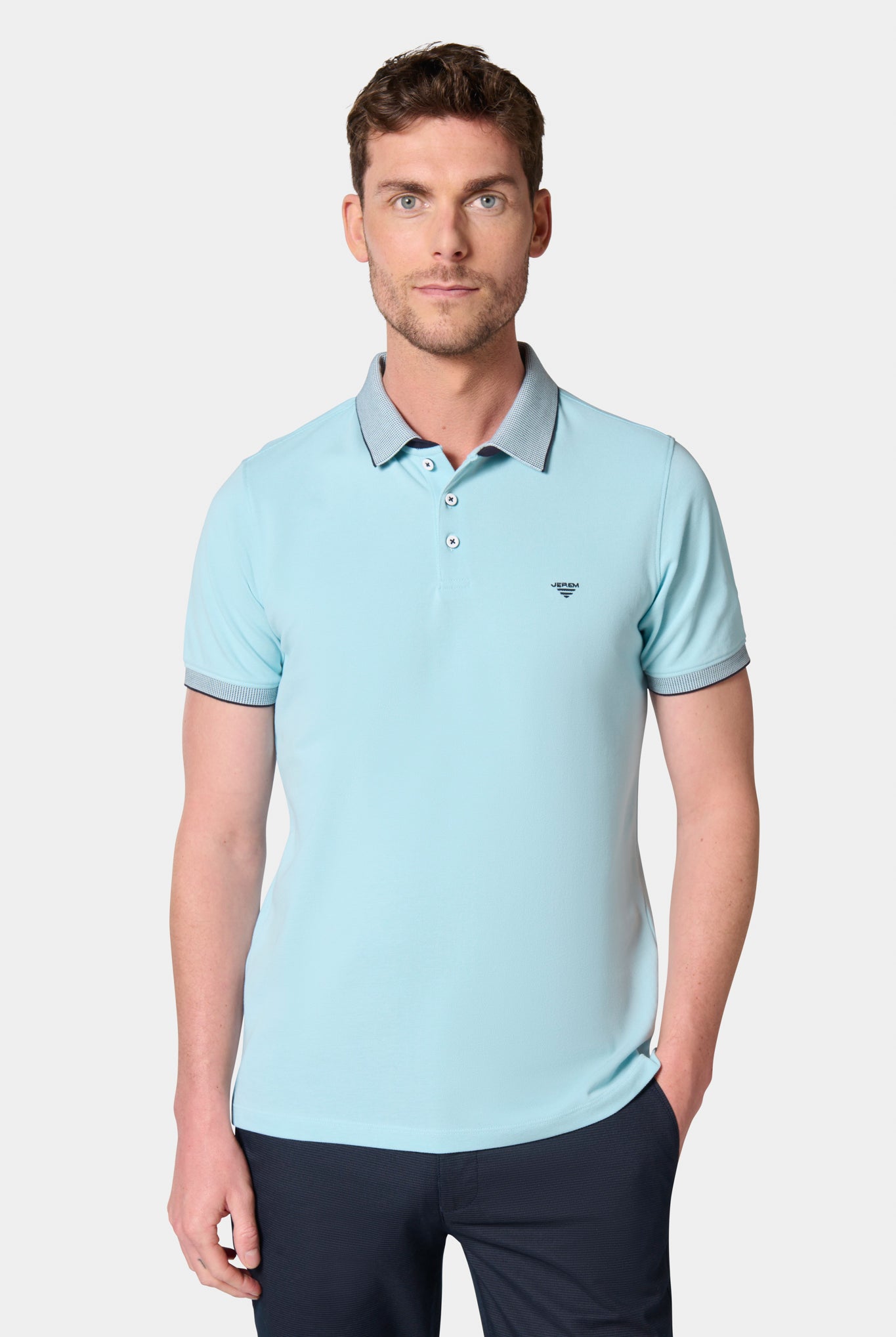 Finition bord-côte fantaisie manches courtes — Polo jacri double col Jerem, coupe confortable, col polo, coloris bleu ciel
